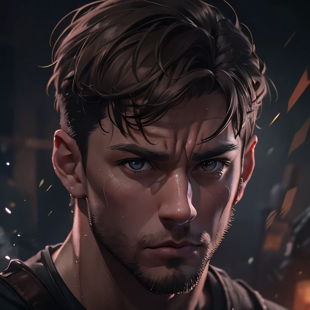 (masterpiece), 8k cg, intricate details, chromatic aberration, ((bust shot)), ((looking at viewer)), 1man (brown eyes, short brown hair, goatee, Channing Tatum), strong face, handsome face, frown, 20 year old, absurdres, cinematic lighting, dynamic lighting, fantasy, ((dark background, fog))