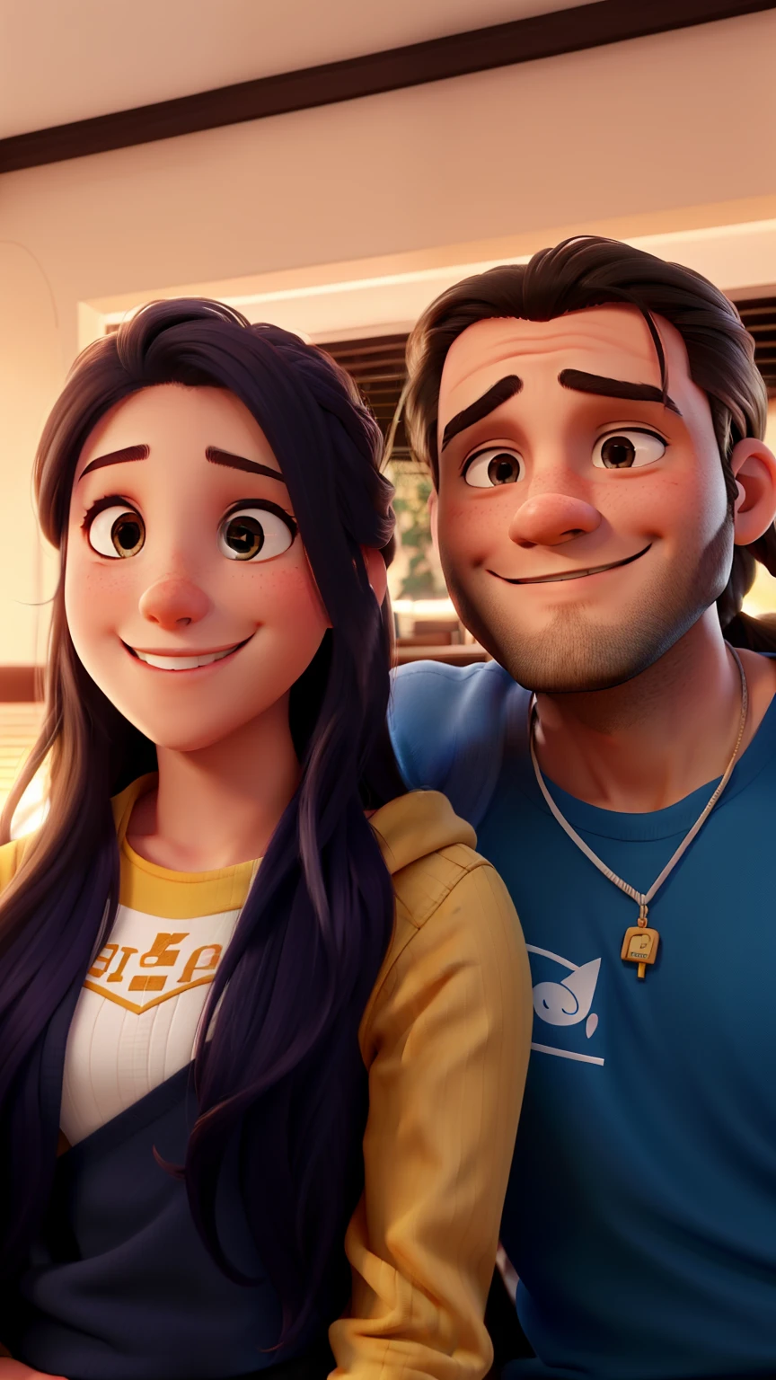 Um casal , with the girl smiling long hair ,  homem cabelo curto sem sorrir