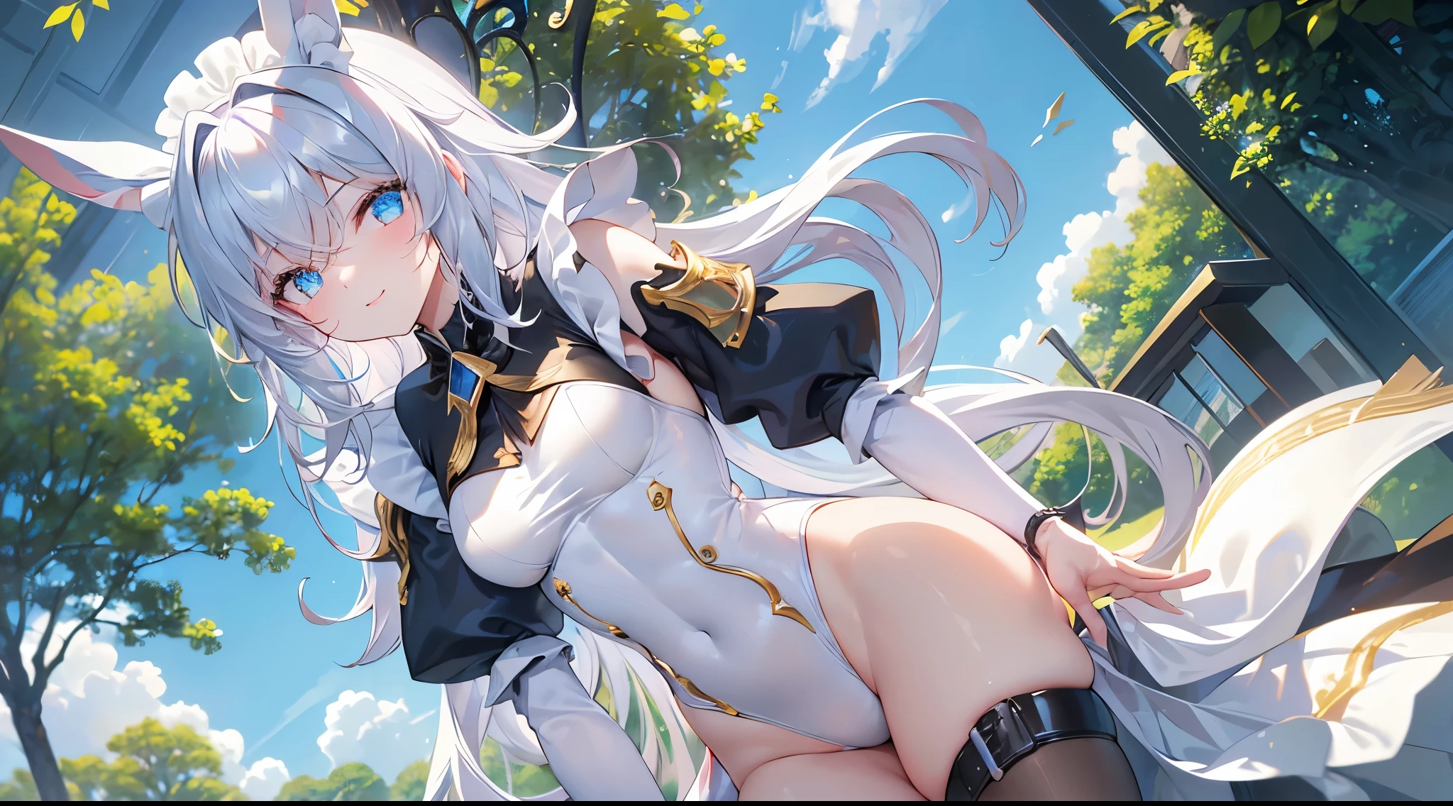 ((4k、8k、top-quality、perfect fingers: 1.3、perfect anatomia: 1.3、Background blur))、((14years、a beauty girl 、a baby face、(white and black with gold decorations、Maid showing leotard、long-sleeve)、long straight hair、Beautiful big drooping eyes))、Happy smiling face、Full body display、Blue summer sky、quiet forest、