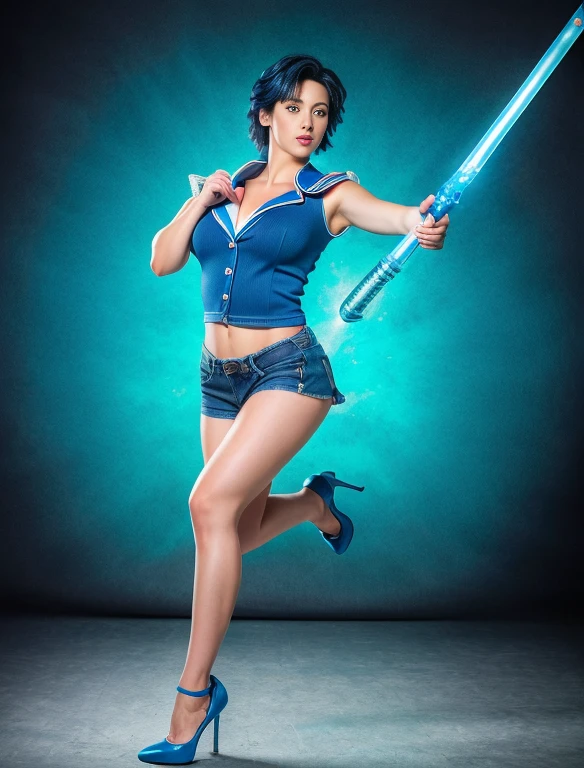 (realistic,highres,sharp focus),Sailor Mercury in a blue jean jumper,high heels,detailed face and costume,dynamic pose,clear blue eyes,flowing blue hair,holding a water-themed weapon,equations filling the background,vibrant colors,studio lighting
