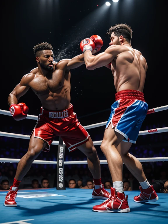 8K,(8K分辨率),Boxing ring match scene,Two muscular black men, (One person wearing red shorts、Red boxing gloves、redfootwear),(One person wearing blue shortlue boxing glovelue shoes),Everyone on the red side is fully dressed, fighting,Red punches Blue on the head,Blue's punch is painful,The two of them are very domineering,cool guy,sexy f Bright and attractive eyes,malancholic look,Dark skin, Smooth and shiny,chest muscle,chest hair body hair,Big breastared,茂密的chest hair body hair, White color full body photo,Large bumps visible,Good quality,profesional lighting,professional photoshooting,real photograph,realistic model,photorealistic art