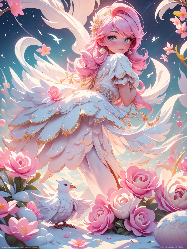 Castle, Flowers, delicate scene, sky, White clouds, and sunlight shine on the snow-white beach. Birds, Pink flowers and bright large shells, diamond crystal, On the beach, fantasy, Night sky, Moon, Smoke, Fire, Photo, HD, 8K, hyper HD, Super detail, High quality, 1080p