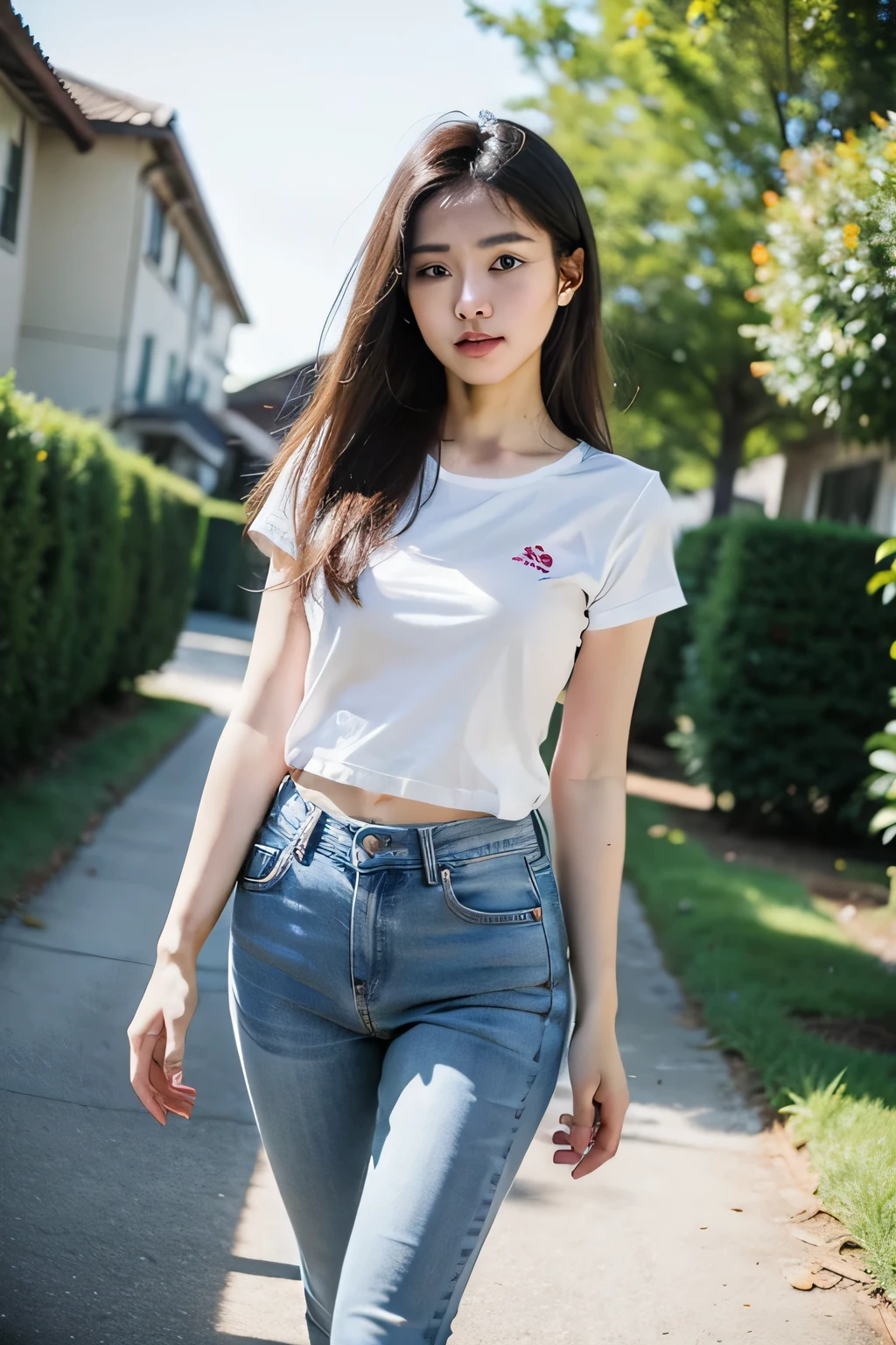 ((Best quality)), ((tmasterpiece)), (detailed), Country beauty with perfect face，フォトリアリスティック，Henan，wearing a denim pants，，Do farm work