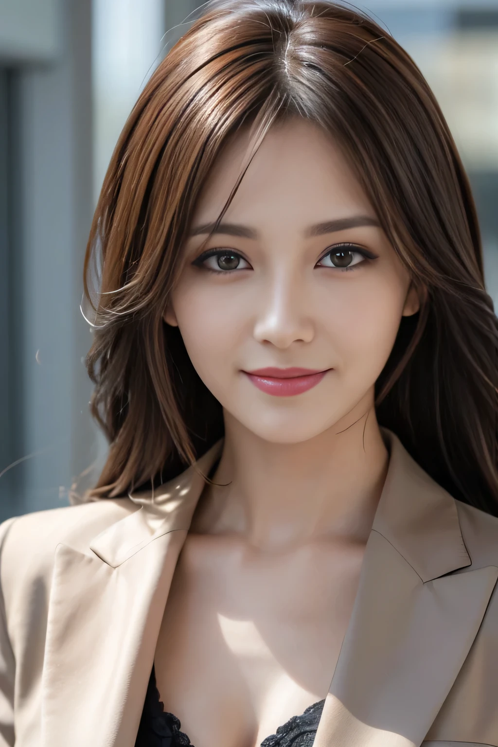 masutepiece, Best Quality, Photorealistic, Ultra-detailed, finely detail, High resolution, 8K Wallpaper, 1 beautiful woman,, light brown messy hair, in a business suit, foco nítido, Perfect dynamic composition, Beautiful detailed eyes, detailed hairs, Detailed realistic skin texture, Smiling, Close-up portrait, Model body type