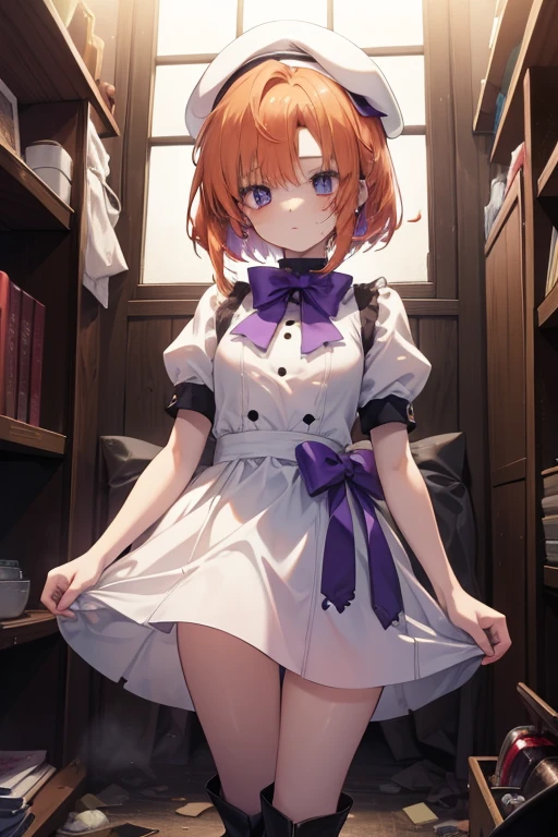 Lena Ryūg, Lena Ryugu, Orange hair, Short hair, Blue eyes,
BREAK is beret, black thighs thighs thighs thighs, Bow, Bowtie, Dress, hat, puffy Short sleeves, Puffy sleeves, purple Bow, purple Bowtie, Short sleeves, thighs thighs thighs thighs, white Dress, zettai ryouiki, (tiny chest:1.2),Brown Long Boots,Garbage disposal plant,Standing on top of a pile of home appliances and garbage bags, turning around.,eery, dead eyes,Psychopath horror、Bloody、Blood droplets,creepy、murder scene, Serial killer, Bathed in blood,Clothes with blood on them,BREAK has blood on his cheeks and hands. (masutepiece:1.2), Best Quality, High resolution, Unity 8k壁纸, (Illustration:0.8), (Beautiful detailed eyes:1.6), extra detailed face, Perfect Lighting, extremely details CG, (Perfect hands, Perfect Anatomy),