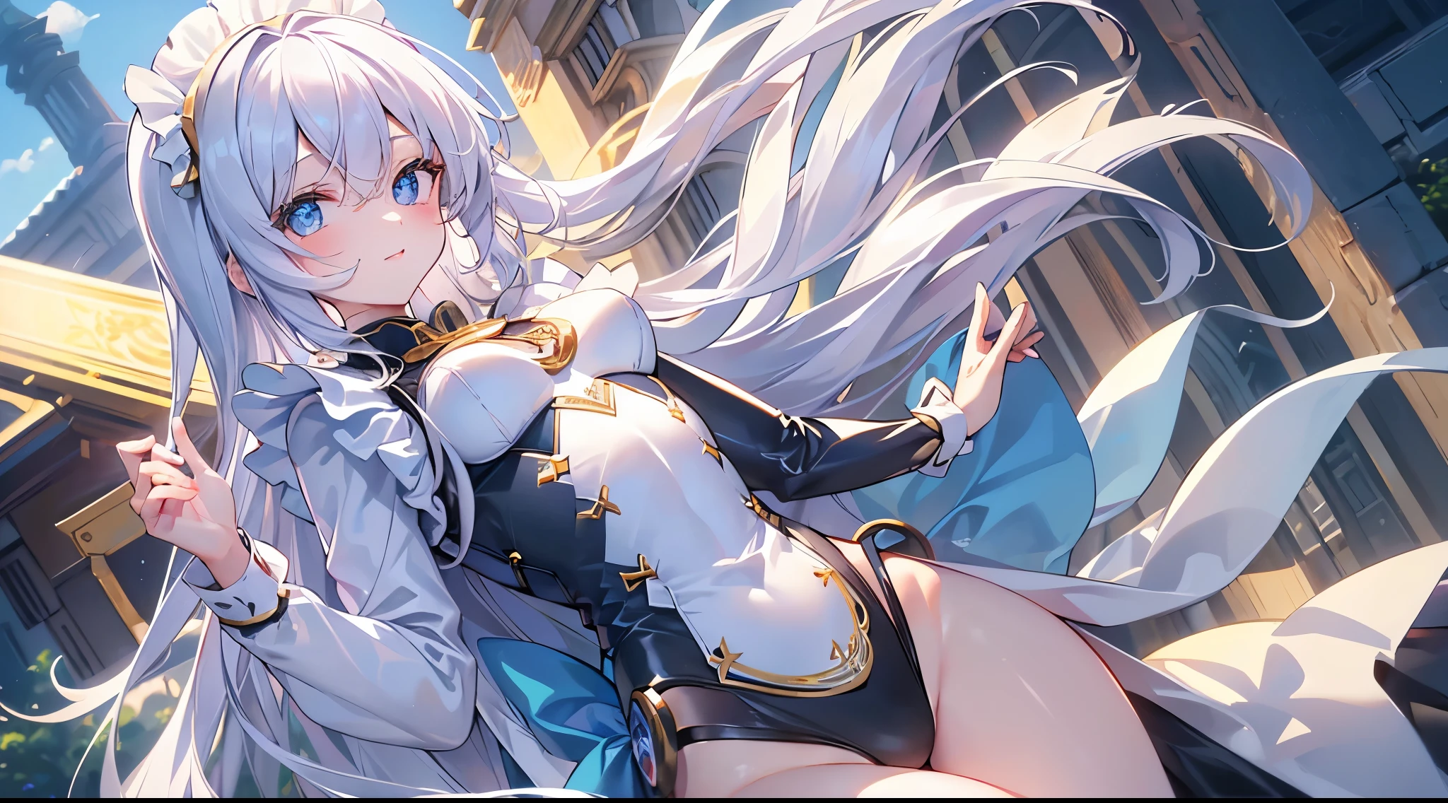((4k、8k、top-quality、perfect fingers: 1.3、perfect anatomia: 1.3、Background blur))、((ars、a beauty girl 、a babyite and black with gold decorations、Maid showing leotard、long-sleeve)、long straight hair、Beautiful big drooping eyes))、Happy smiling face、cowboy shot、Blue summer sky、quiet forest、
