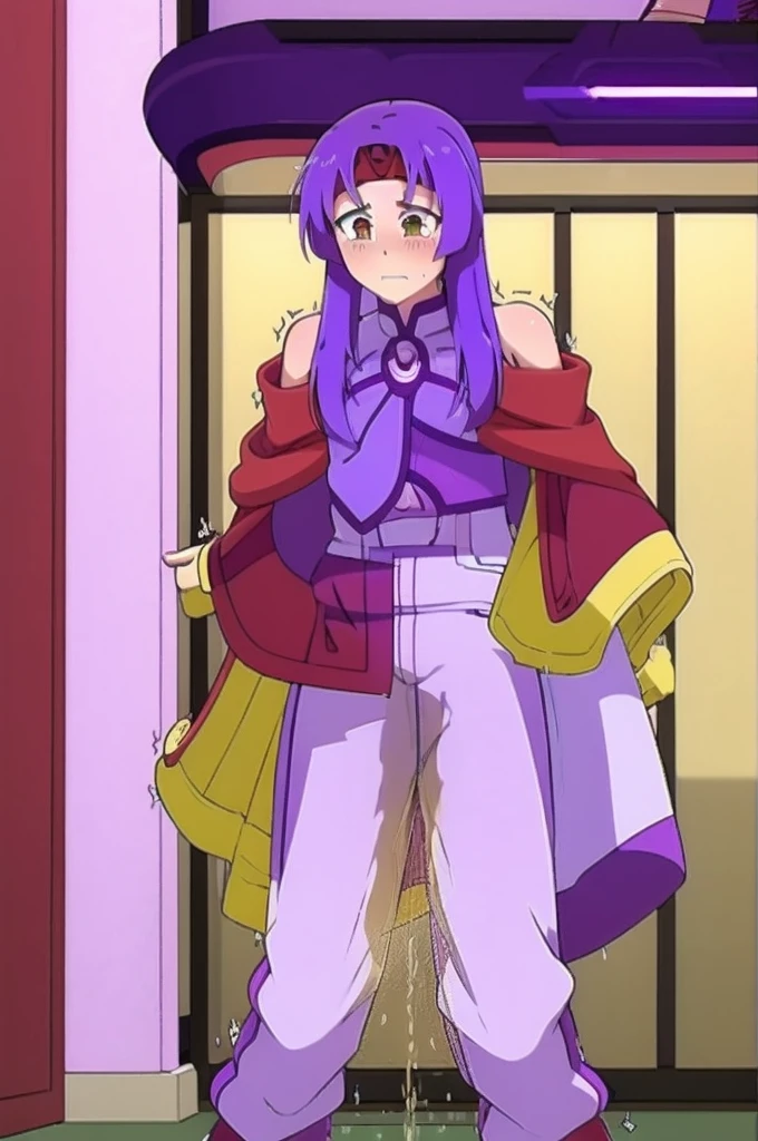 Peeing self, Have to pee, Anime, looking at camera, embarrassed, blush, pee stain, pee stain on pants, peeing, yellow pee, tears, crying, out of breath, sweating, gold eyes, purple hair, one girl, sanaki fe, white pants