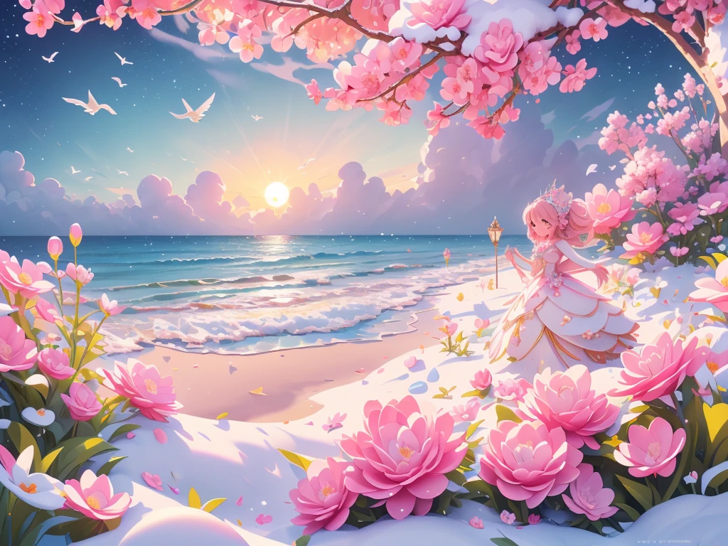 Castle, Flowers, delicate scene, sky, White clouds, and sunlight shine on the snow-white beach. Birds, Pink flowers and bright large shells, diamond crystal, On the beach, fantasy, Night sky, Moon, Smoke, Fire, Photo, HD, 8K, hyper HD, Super detail, High quality, 1080p