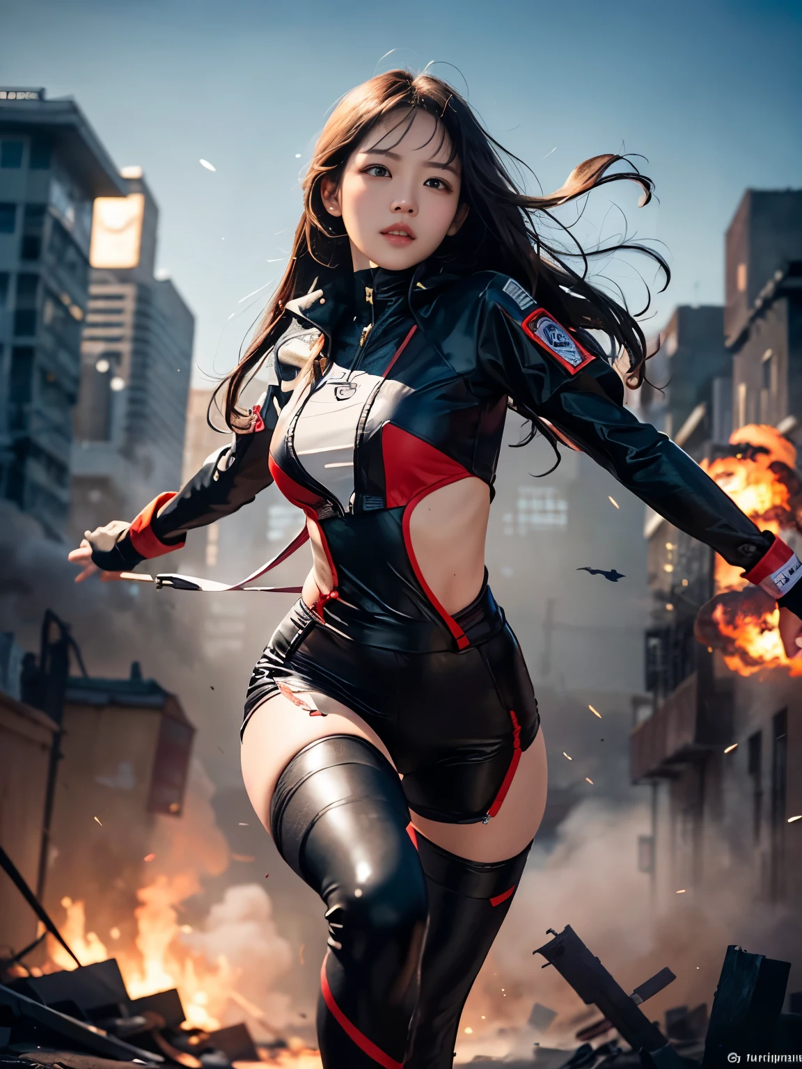 (1girl in:1.3), Solo, (((Very detailed face)))), ((Very detailed eyes and face)))), Beautiful detail eyes, Body parts__, Official art, Unified 8K Wallpaper, Beautiful and beautiful, Beautiful, masutepiece, Best Quality, Original, masutepiece, Super Fine Photo, Best Quality, 超A high resolution, Realistic realism, Sunlight, Full body portrait, Amazing beauty, Dynamic Pose, Delicate face, (Bright eyes when viewed from the front), She wears a combat suit, One-point color scheme of black and red, women military uniform, Very detailed abandoned warehouse background, Detailed face, Detailed complex busy background, Messy, Gorgeous, Milky White, highly detailedskin, Realistic skin details, Visible Pore, Clear focus, Volumetric fog, 8K UHD, High quality, Film grain, Fair skin, photorealisim, Lomography, futuristic dystopian giant metropolis, Explosion smoke,emergency siren,in battle with the enemy,tense look,Tense situation,Combat helicopter,Well-formed beauty Shishi Face,oriental,Korea person,Super beautiful girl in her teens,Energetic girl,Run through dangerous situations as a rescue worker,strong woman of will,strong woman,former mercenary,Martial arts,obligation: relief operation team leader,Clearing the blue sky,A precious girl who protects the holy war with a pure heart...,Transport the minimum necessary medical equipment,Angle photo from below,Rin, symbol of battle々Shishi Face,kawaii faces,CLC Eugene,IVE&#39;Ahn Yoo Jin, Commander,take a look around,Standing up,Very skinny,