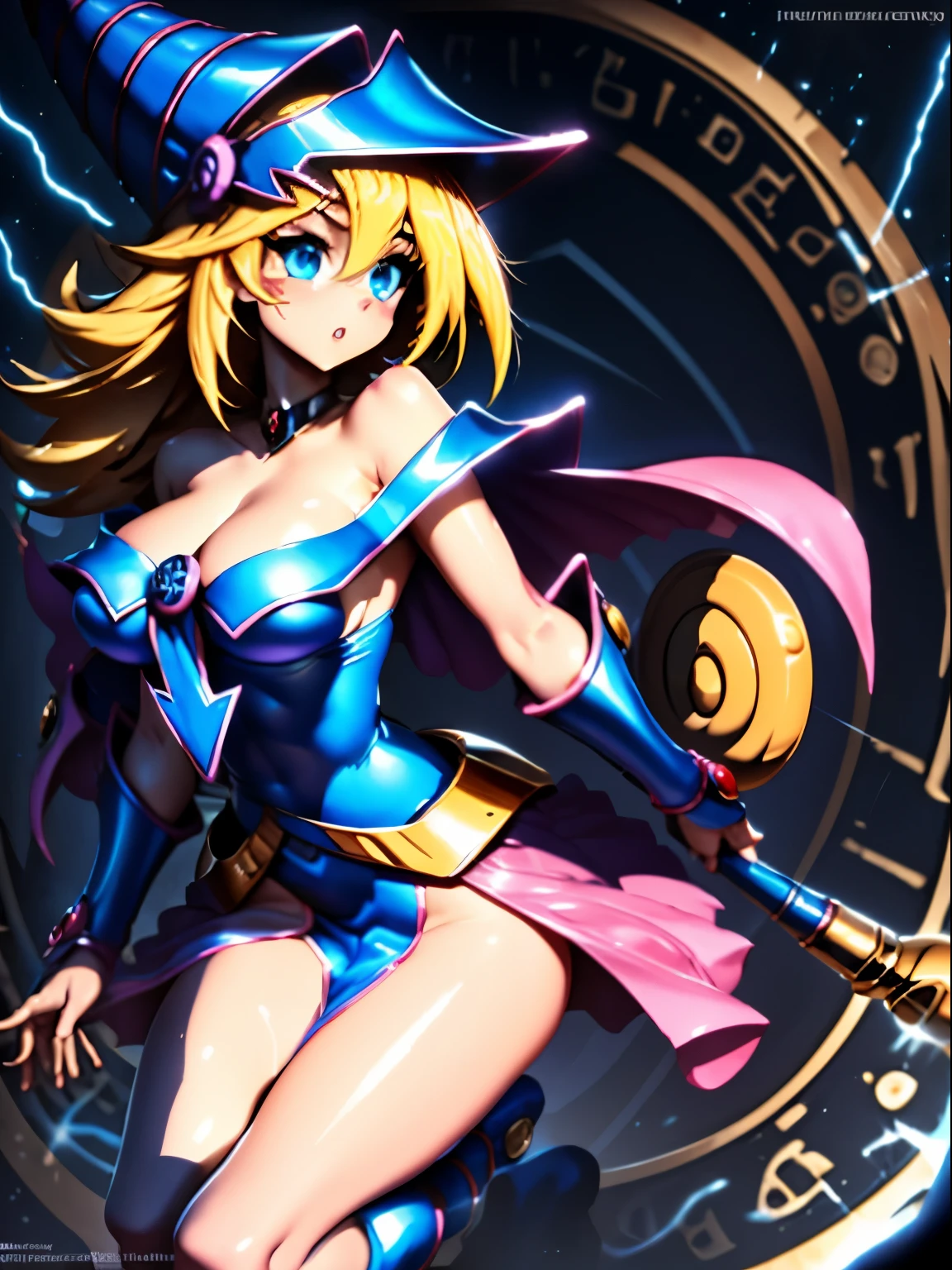 ultra-detailed, extremely detailed, masterpiece, highest quality, best quality, absurdres, highres, dark magician girl, (1girl:1.2), solo, detailed face, dynamic pose, hair flow, (full body:1.1),  blonde hair, long hair, looking at viewer, green eyes, skindentation, detailed skin, skin pores, (shiny skin, glossy skin:1.1), rosy skin details, , nail polish, skirt, blue footwear, blue headwear, wizard hat, wand, holding hat, (blue panties(summoning circle:1.1), hexagram, pentacle, pentagram, yu-gi-oh!, duel monster, purple magic field, glow, detailed background, intricate background,