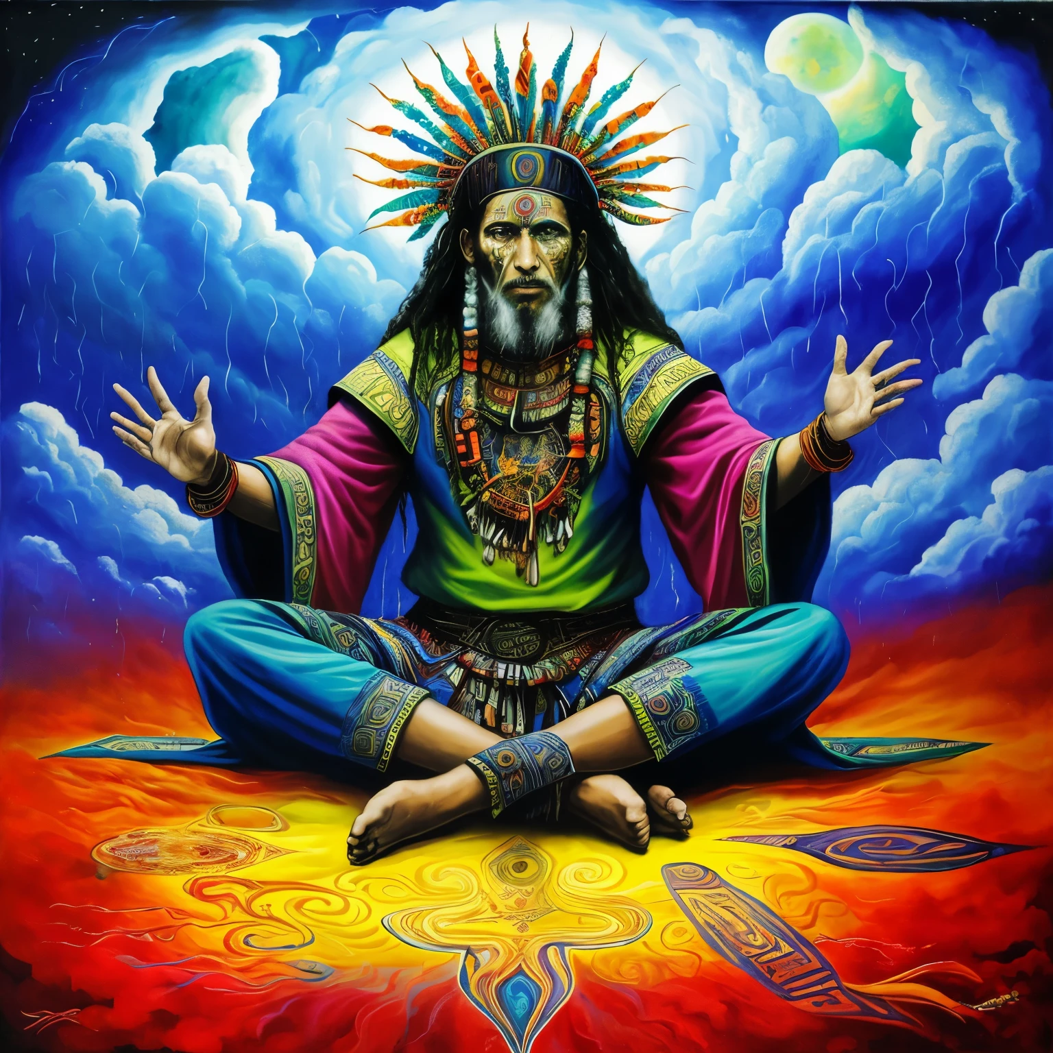 a painting of a man sitting with his legs crossed and his hands up, pedindo por chuva, ritual da chuva, cloud-laden sky, ayahuasca shaman, arte psytrance, the oracle of the mayan elders, psychedelic shaman, psychedelic organic shaman, power metal album cover