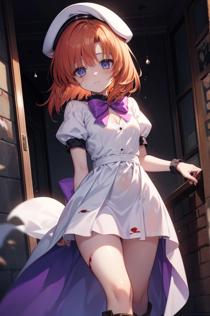 Lena Ryugu, Rena Ryugu, Orange hair, Short hair, Blue eyes,
BREAK is a beret, black thighs thighs thighs thighs, Bow, Bowtie, Dress, hat, puffy Short sleeves, Puffy sleeves, purple Bow, purple Bowtie, Short sleeves, thighs thighs thighs thighs, white Dress, zettai ryouiki, (tiny chest:1.2),Brown Long Boots,Garbage disposal plant,Standing on a pile of home appliances and garbage bags, Turning around.,Spooky laugh, dead eyes,Psychopath horror、Bloody、Blood droplets,creepy、murder scene, Serial killer, Bathed in blood,Clothes with blood on them,BREAK has blood on his cheeks and hands.. (masutepiece:1.2), Best Quality, High resolution, Unity 8k壁纸, (Illustration:0.8), (Beautiful detailed eyes:1.6), extra detailed face, Perfect Lighting, extremely details CG, (Perfect hands, Perfect Anatomy),