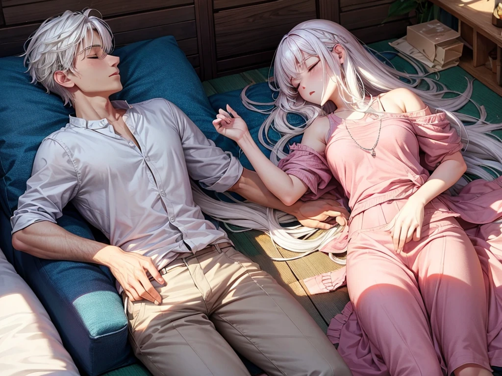 White hair guy and pink hair girl sleeping