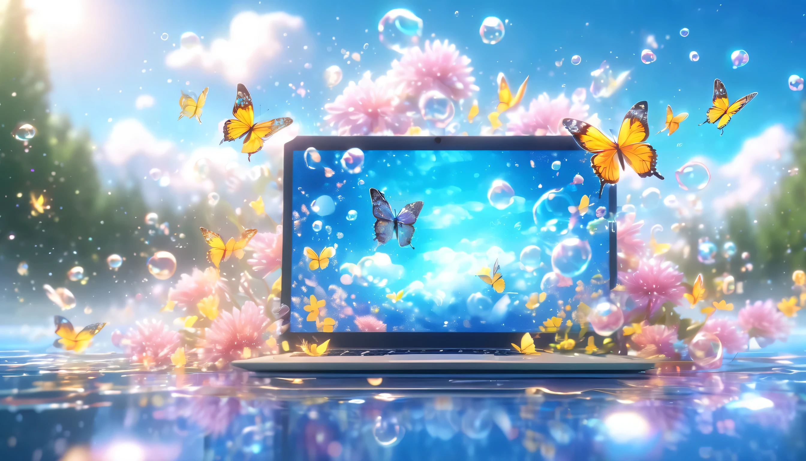 In the middle of a flooded flower field,An ultra-thin laptop is placed, blue-sky, clouds, Crystal butterfly,airbubble,splash,Golden section composition,High detail scenes, Animation-style rendering, High fidelity art style, High detail composition, 美丽的构图,3D,4K, artistic, Spring vibration, Bottom corner, Blurry and dreamy illustration, dreamlike scenes, number art, High-fidelity aesthetics