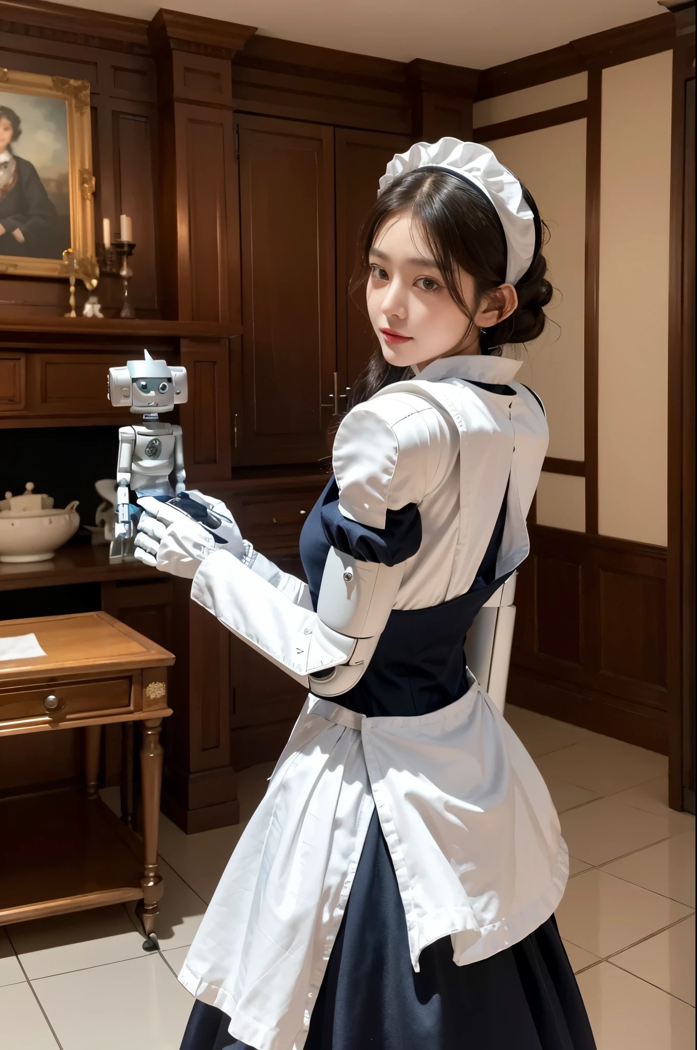(top-quality、in 8K、32K、masterpiece、nffsw、highly detailed、Impresionismo:1.2)、Robot Butler,Full body, (Living room of the mansion:1.4)、deep-shadoweauitful face、blurry backround、20-year-old beauty、Machine body、(Robot Maid:1.5),A maid with a twinkle in the eye、Because it's made of metal、pinafore、Machine Made、、Metal headband、Curve