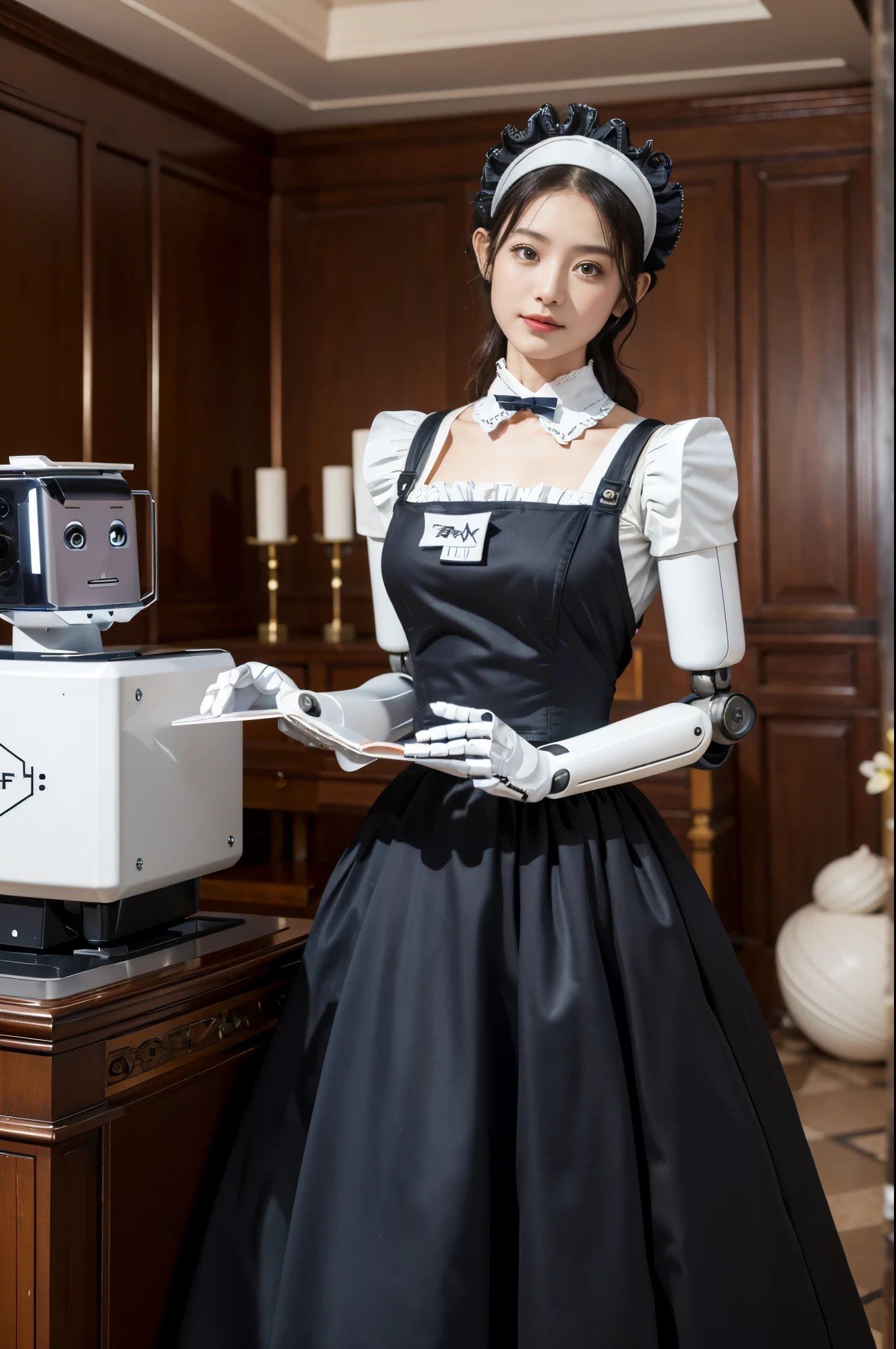 (top-quality、in 8K、32K、​masterpiece、nffsw、highly detailed、Impresionismo:1.2)、Robot Butler，Full body, (Living room of the mansion:1.4)、deep-shadoweauitful face、blurry backround、20-year-old beauty、Machine body、(Robot Maid:1.5),A maid with a twinkle in the eye、Because it's made of metal、pinafore、Machine Made、、Metal headband、Curve