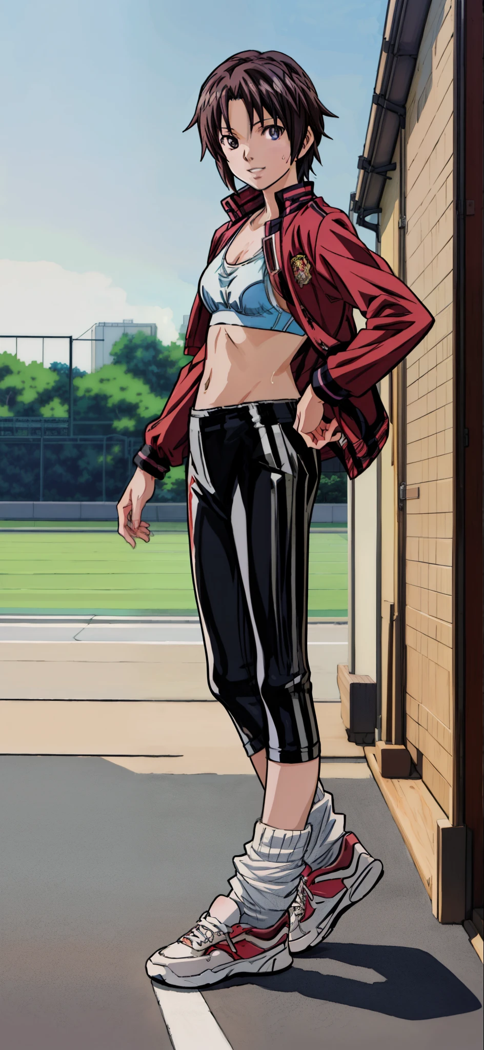 Sakurauchi riko, pink skinny sweet pants, tight gym bra, sweating,sweat drops , (cleavage:0.7),unstyled hair,wet hair,yellow eyes,thicc legs, standing, posing for picture, slightly smile,toned stomach, hands inside her pants,(from side:0,8),(muscular:0.7)