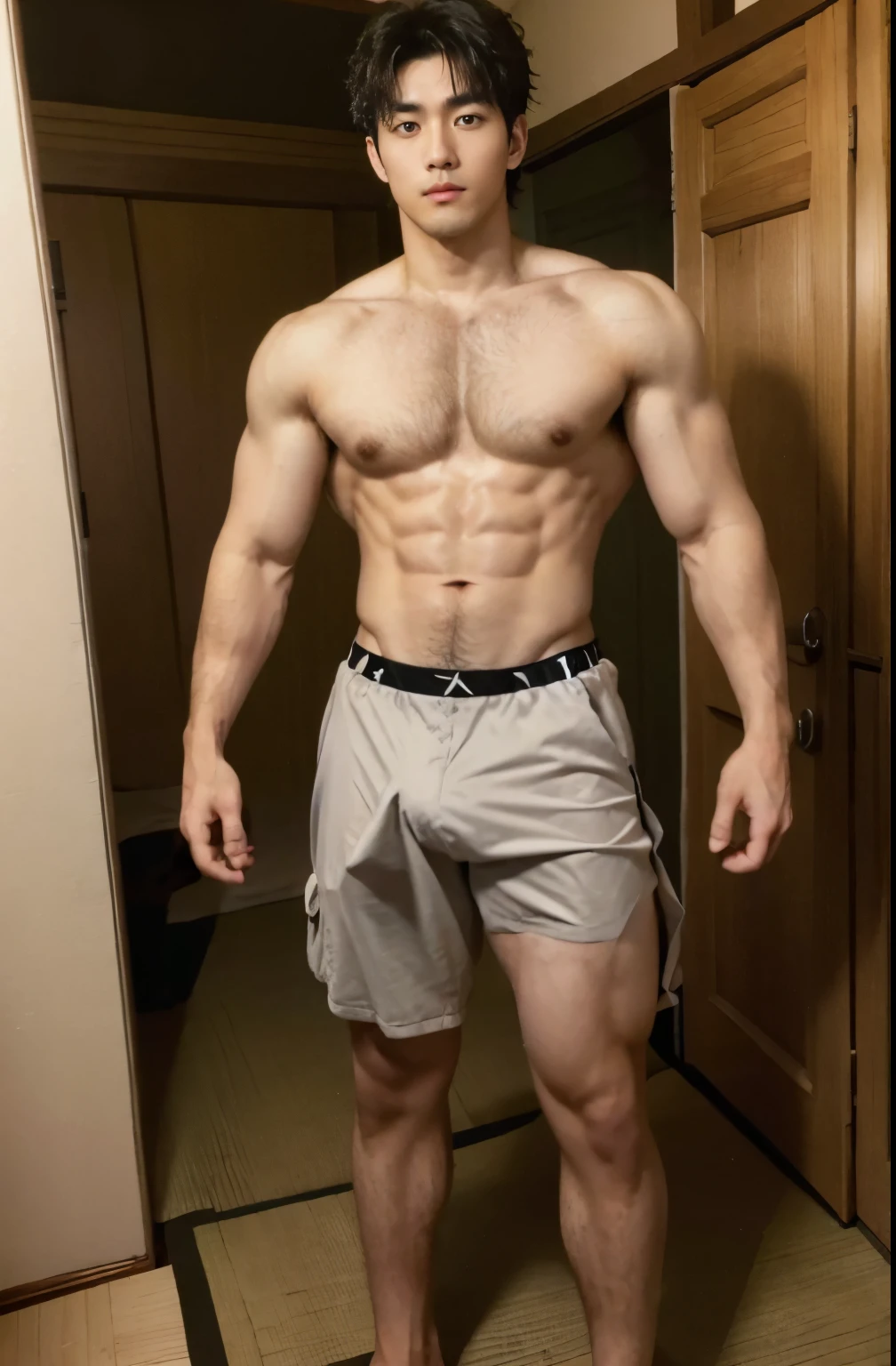 1 handsome Japanese guy,25 age old,Japan diplomat,Wearing a uniform,Wearing a,secret investigation,musculous,Muscles look good,hairy bodies,with fair skin,黑The eye(thin eyes 1:3),Full body photo