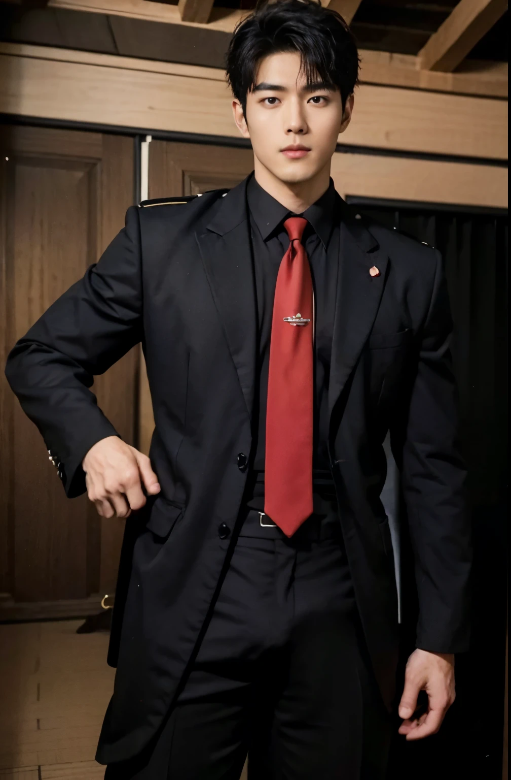 1 handsome Japanese guy,27years old,Japan diplomat,Wearing a black uniform,Wear red tie,Tall,musculous,Muscles look good,hairy bodies,with fair skin,黑The eye(thin eyes 1:3),Full body photo