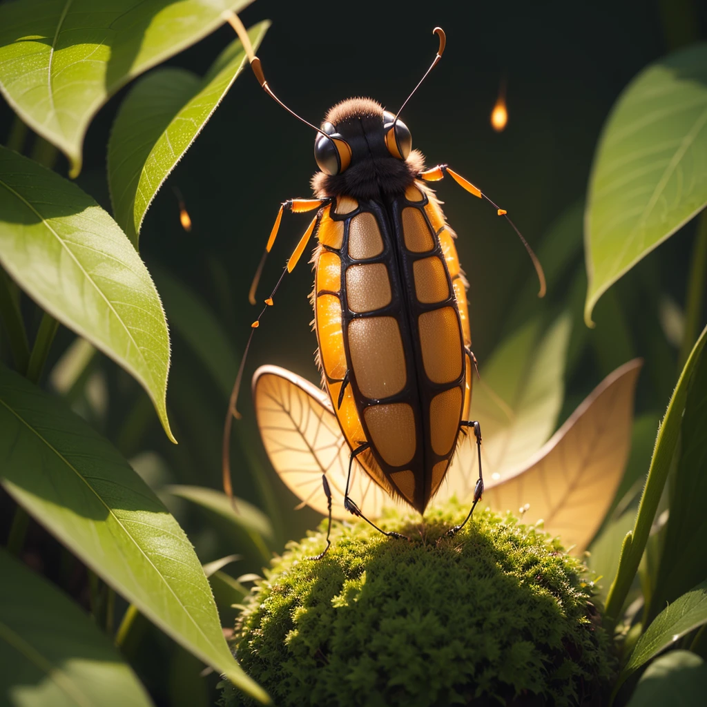 bushes at night,Close-up of an insect,(((a glowing firefly)))
