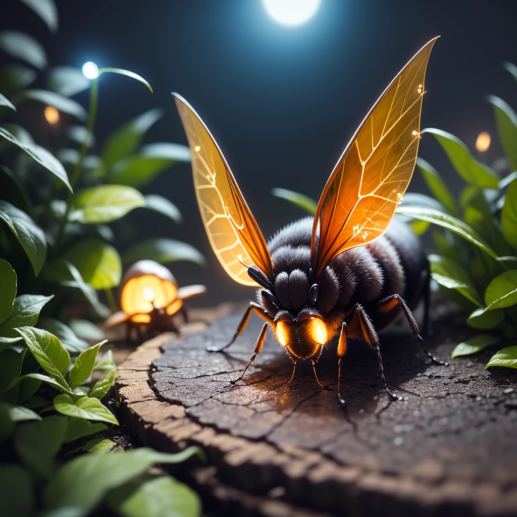 bushes at night,Close-up of an insect,(((a glowing firefly)))