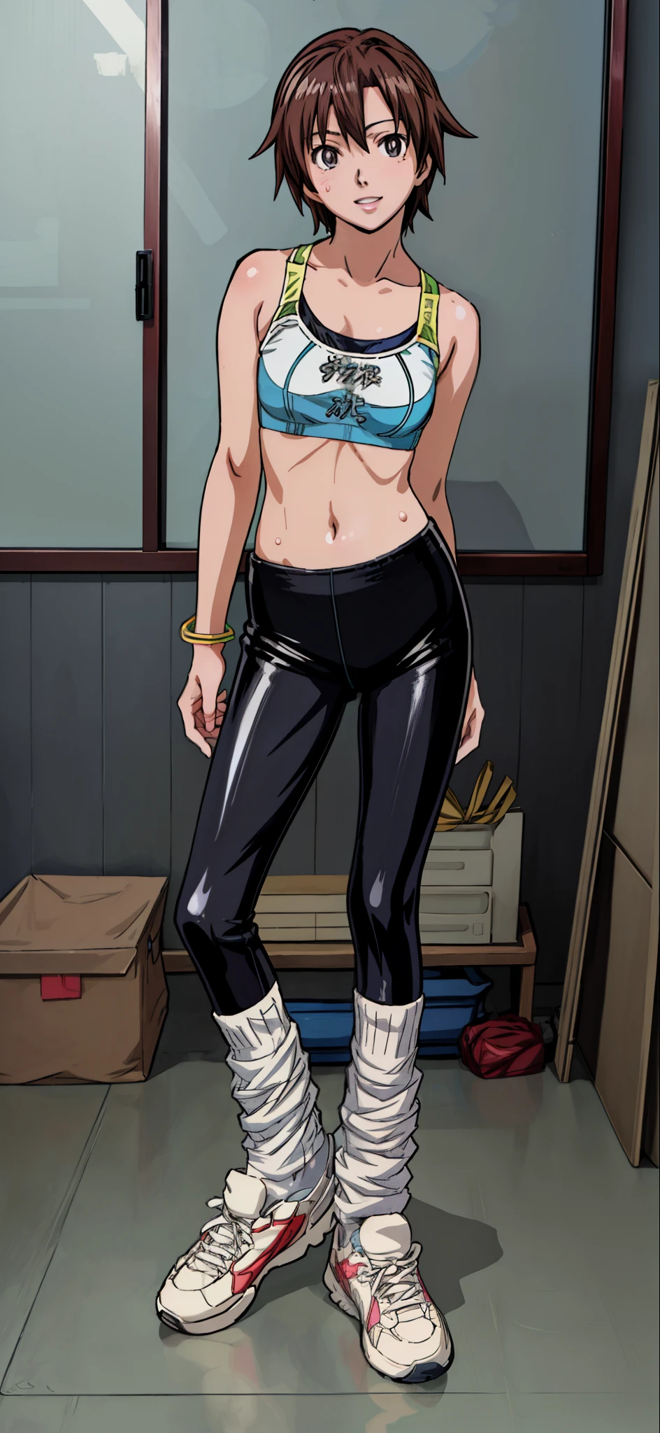 (Best Quality,4K,8K,hight resolution,masutepiece:1.2), Ultra-detailed, (Realistic,photoRealistic,photo-Realistic:1.37), meadow girl, Wearing sweat,grin,hand on hip,((sports bra and black leggings)), wristbands,White loose socks,Black sneakers,Beautiful detailed eyes, Beautiful detailed lips, extremely detailed eye and face, long eyelashes, Realistic anime 3D style, Smooth Anime CG Art, Digital rendering by Makoto Shinkai, Moe Anime Art Style, photoRealistic rendering of an anime girl, Shinkai Makoto style, Cute anime girl visuals, Realistic young anime girl, girl fan art, Created by Anime Artist&#39;studio of.
