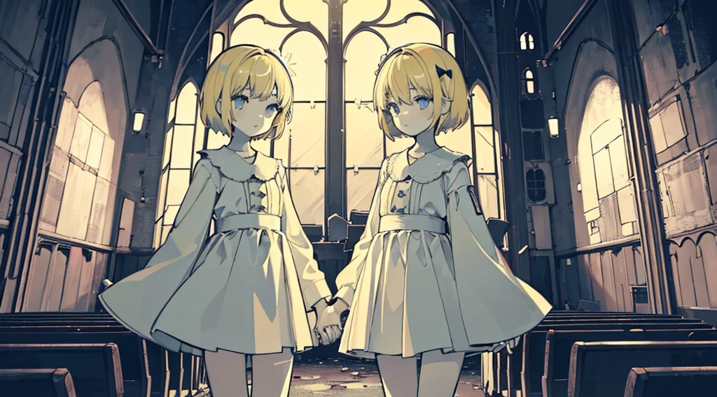 (2 girls, sister, blonde hair, short hair, twins, kawaii, hold hands), (abandoned church, late night), (low contrast, flat color, limited palette)