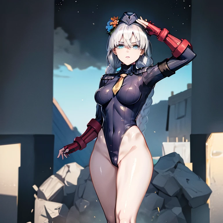 ultra-detailed, Explicit, Beautiful body, Beautiful Nose, Beautiful character design, perfect eyes, perfect face, ultra highres, 4K, beautiful legs, perfect legs, Nice hands, Perfect hand, Masterpiece, Best Quality, Highly detailed, illustration, absurdres, street fighter, doll suit, shadaloo doll, dollsuit, expressionless, blank eyes, looking at viewer, red gloves, emotionless, black latex, corrution, mind control, female combatant, full body, hypnotized, unhappy trance, full body suit, ribbed bodysuit, both arms at side, obey, perfect female body, extremely glossy latex, hypnosis, hypnoLora, empty eyes, Mind control device, poses, submissive_pose, Slave, hat, necktie, stand up straight, standing, standing at attention, hat, necktie, belt, latex, ribbed bodysuit, thighhighs, garter belt, Fighting Stance, extending the right arm from the shoulder into the air with a straightened hand, nazi saluting, military, military saluting, salute, thigh boots, 1girl, Anastasia Summer (2nd Ascencion), fate/grand order, white hair, blue eyes, long hair, braids, flower crown