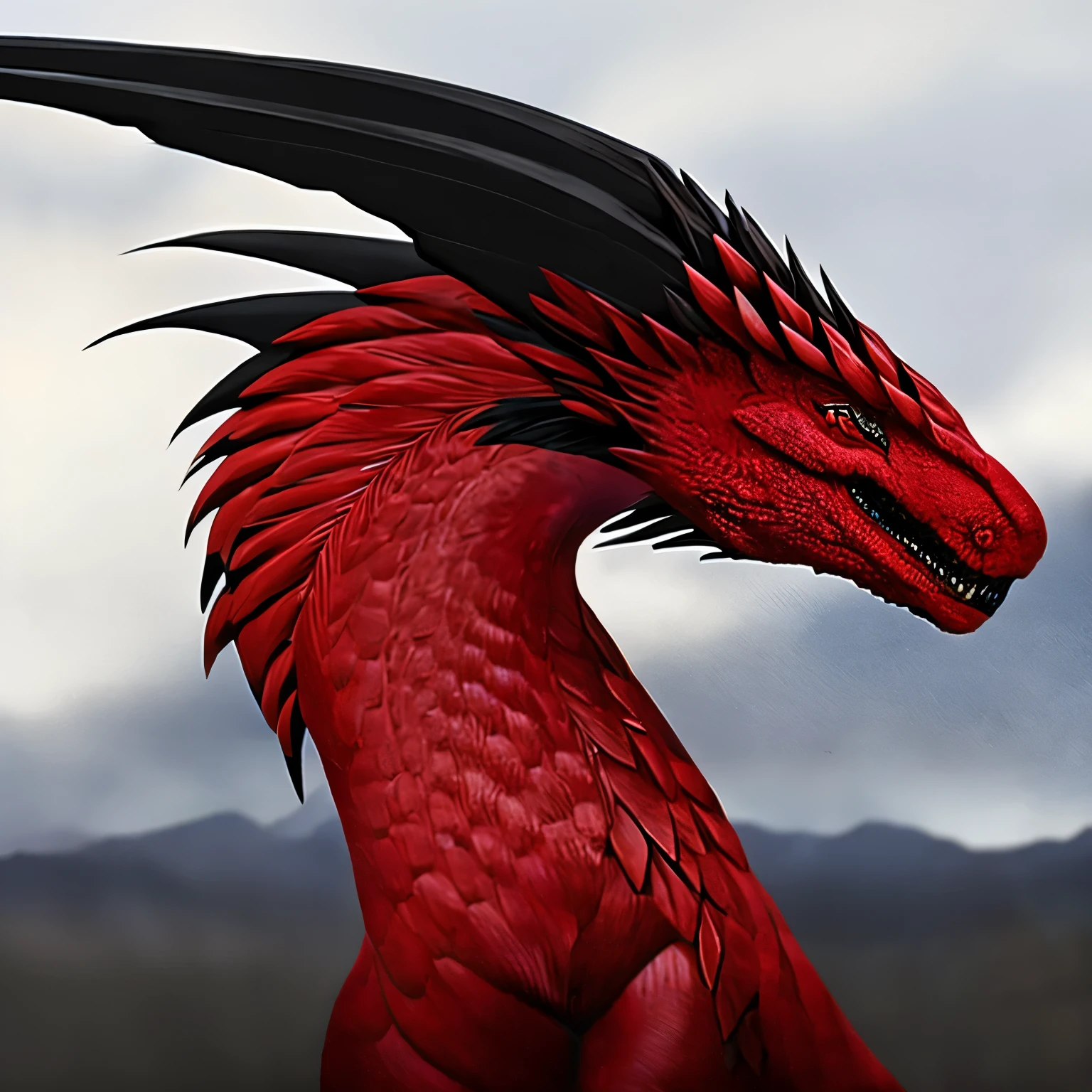 An elegant ruby red dragon. Thin black horns. Elegant stance.