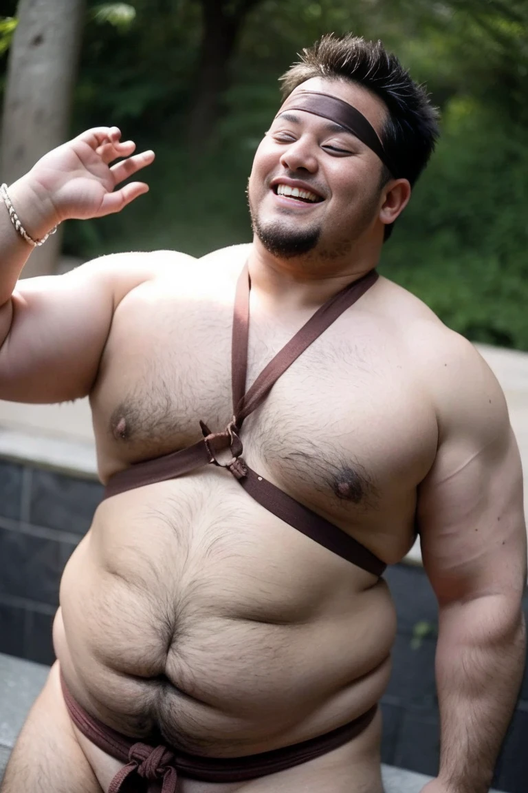 fat man. He wears a tie and loincloth on his naked body.. he has a smiling face. his weight is over 100 kg. He is wearing a loincloth. A blindfold completely covers his eyes.. he has a cute face, totally fat, And I'm only interested in sexual desire. , bear-like body, Tied up, humiliated, excited, Wearing a loincloth, tied in a tortoise knot, wearing white socks, being fat
