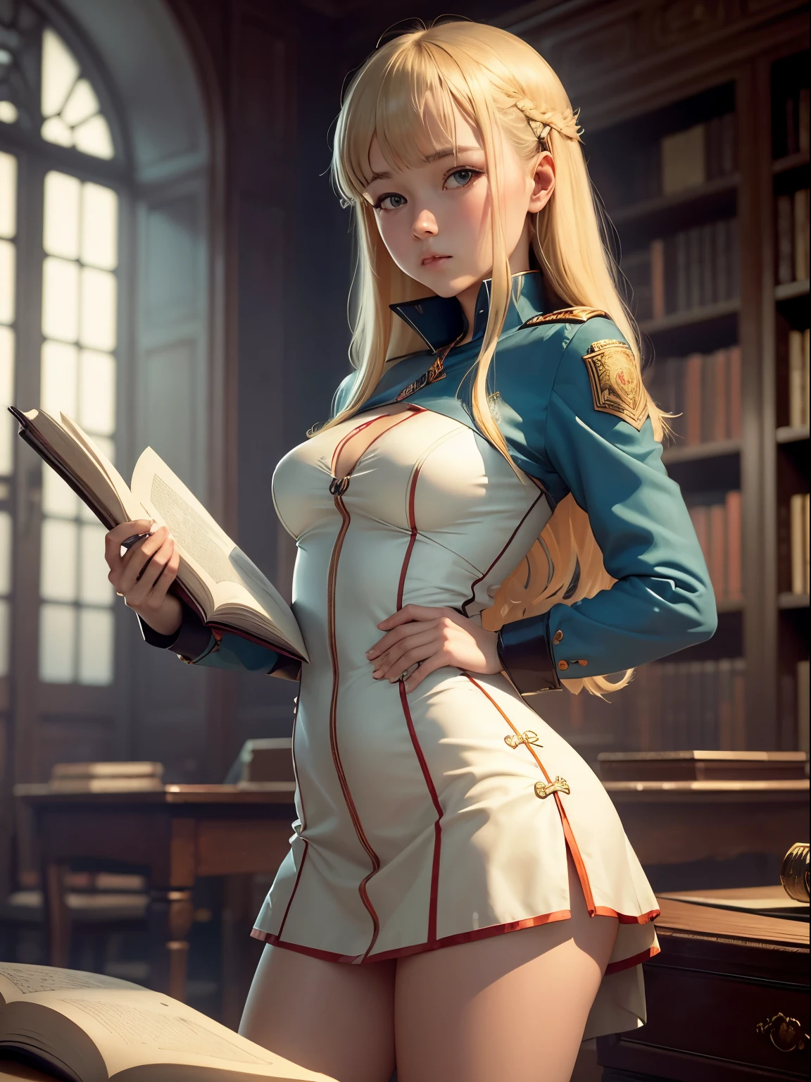 Konstantin Vasilyev, Katsuhiro Otomo, Surreal, mysterious, strange, fantastical, fantasy, Sci-fi, Japanese anime, beautiful blonde miniskirt girl Alice comes out of an open book, perfect body, in the library, detailed masterpiece