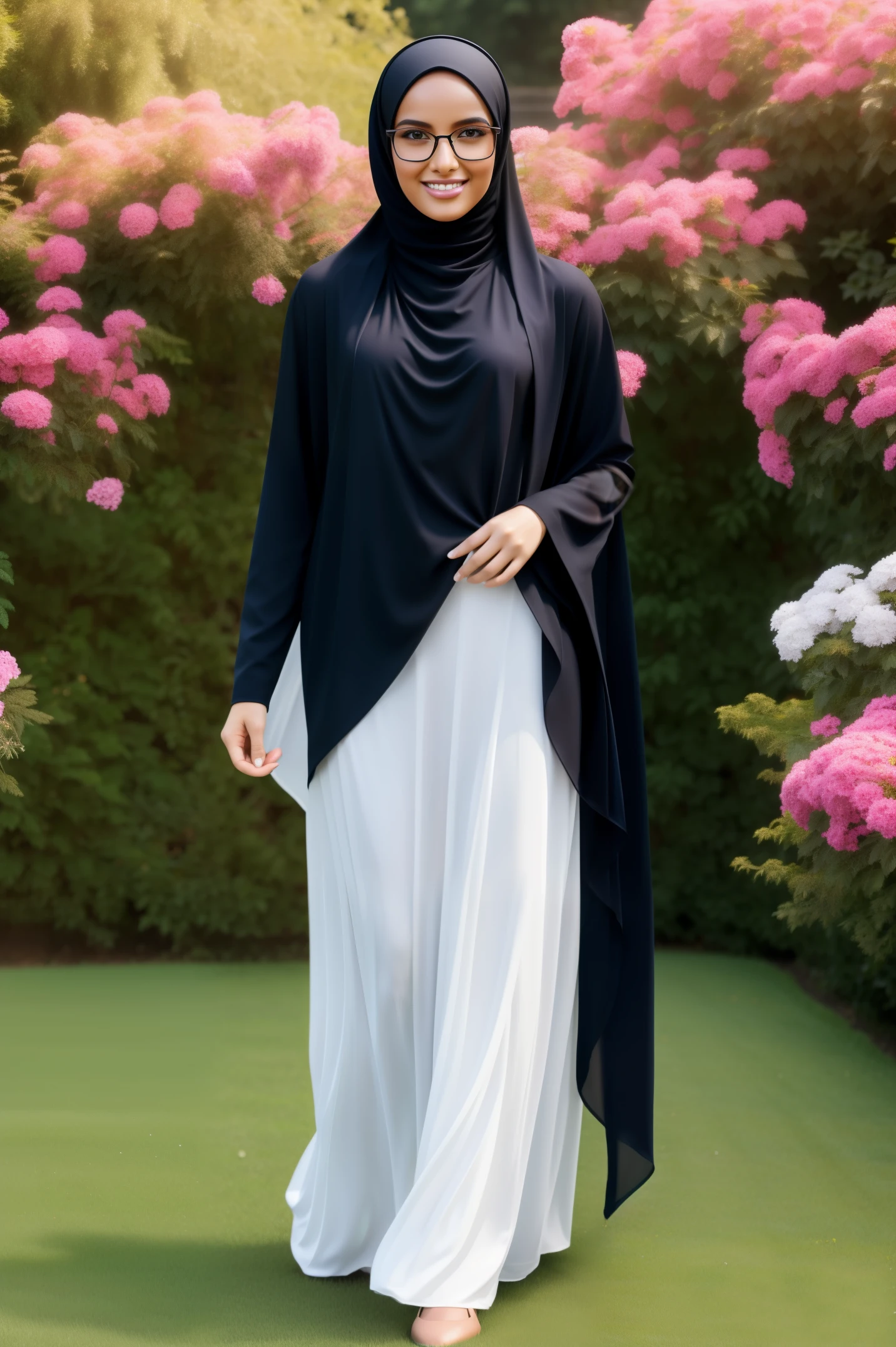full body image of ultra realistic,16k, enhanced quality, perfect face, perfect hands, perfect body, ultra detailed, perfect hair, girl wearing glasses, perfect glasses, perfect smile, ultra realistic, ultra realistic background, full body image, posing for photo in flower garden, girl wearing perfect hijab,full body shooting, ultra realistic particles, perfect duck lips, full body shooting, Islamic hijab,