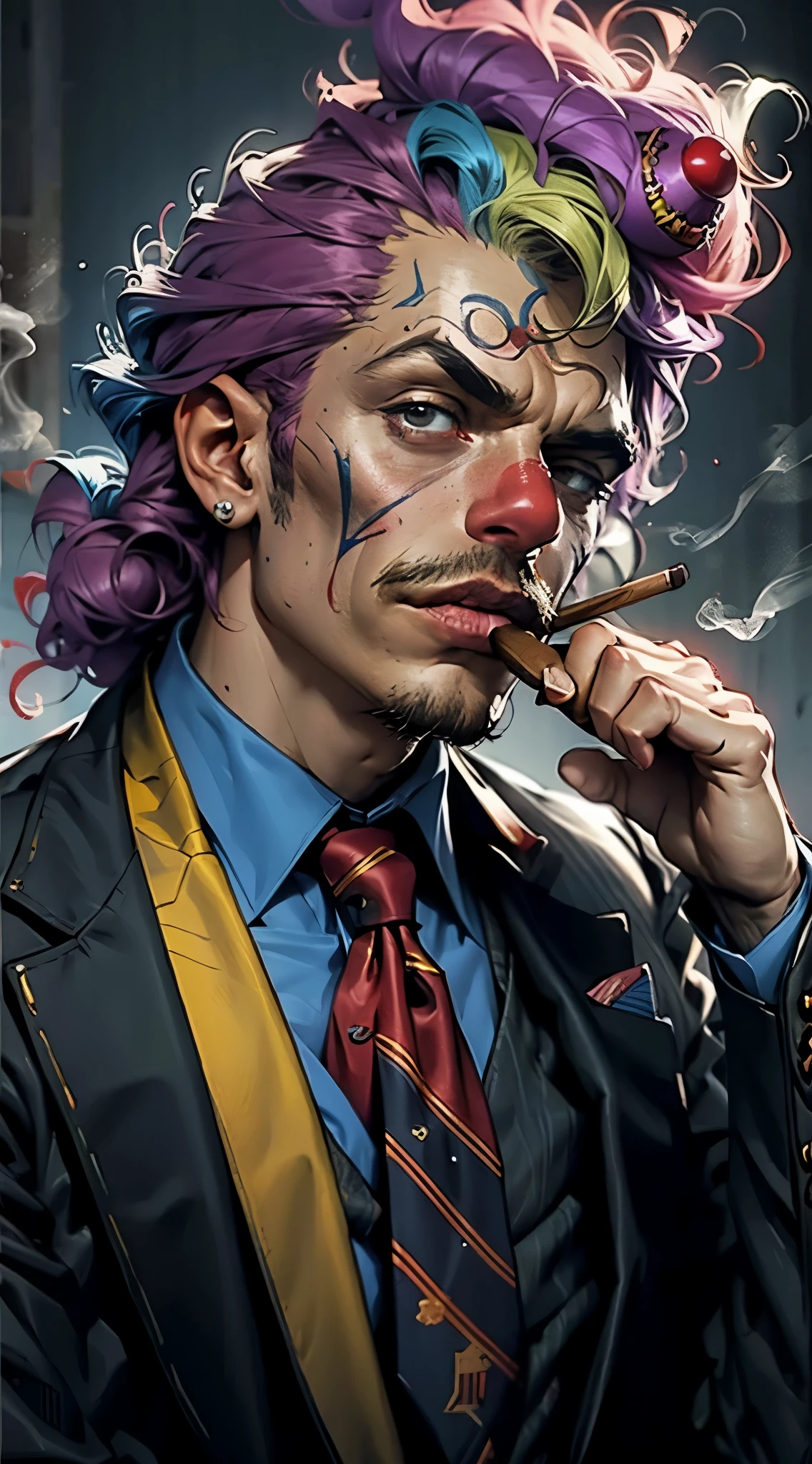 Create a clown smoking a cigar with striking suit and tie features