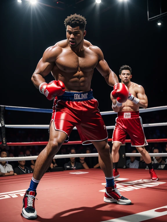 8K,(8K分辨率),Boxing ring match scene,Two muscular black men, (One person wearing red shorts、Red boxing gloves、redfootwear),(One person wearing blue shortlue boxing glovelue shoes),Everyone on the red side is fully dressed,Fierce fighting,Red punches Blue on the head,Blue's punch is painful,The two of them are very domineering,cool guy,sexy for, Bright and attractive eyes,malancholic look,Dark skin, Smooth and shiny,chest muscle,chest hair body hair,Big breastarechested,茂密的chest hair body hair, White color full body photo,Large bumps visible,Good quality,profesional lighting,professional photoshooting,real photograph,realistic model,photorealistic art