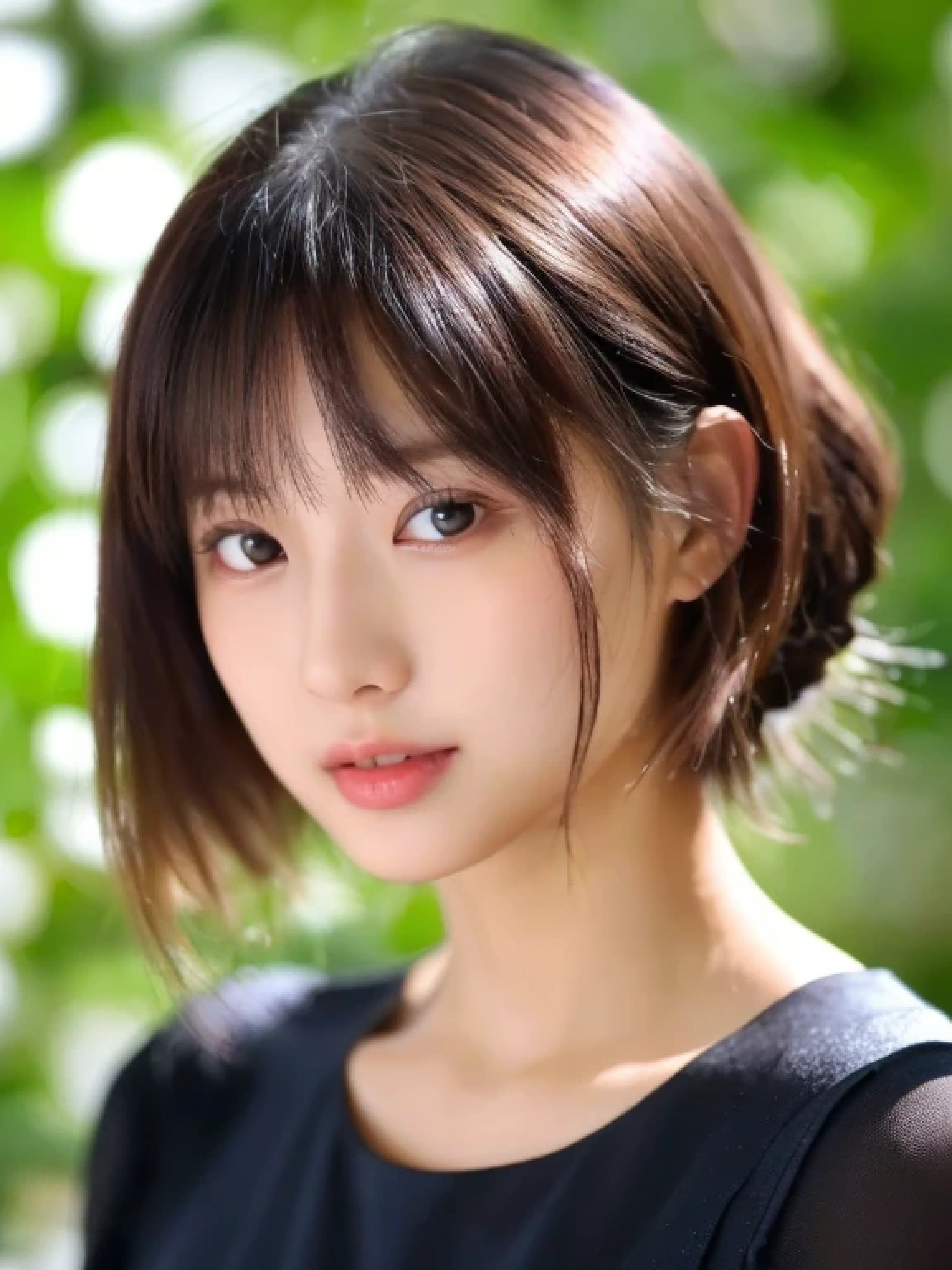 ((cute little日本の女の子、Beautiful japanese girl、1 girl in、age19、poneyTail、Highly detailed facial and skin texture、refinement、hyperdetailed face、ultradetailed eyes、blusher、blush、teak、ピンクのteakを塗った頬、close-up of woman、bustup、真frontageを向いている顔、真frontageを向いている体、Looking at the camera、frontage、cute little、smooth white skin、Transparent skin texture、))、(dark brown  hair、bangss)、Beautiful Women in Perfect Style：1.4、Japanese Models、Young gravure idols、若いcute littleグラビアアイドル、Realistic Young Gravure Idol、refinementされたグラビアアイドル、((top-quality、in 8K、​masterpiece:1.3、１Photo))、(4K、RAW Photography、top-quality)、(reallistic、フォトreallistic:1.37)、Place a person on the other side of the screen、natural soft light、upper body and head、refinement、