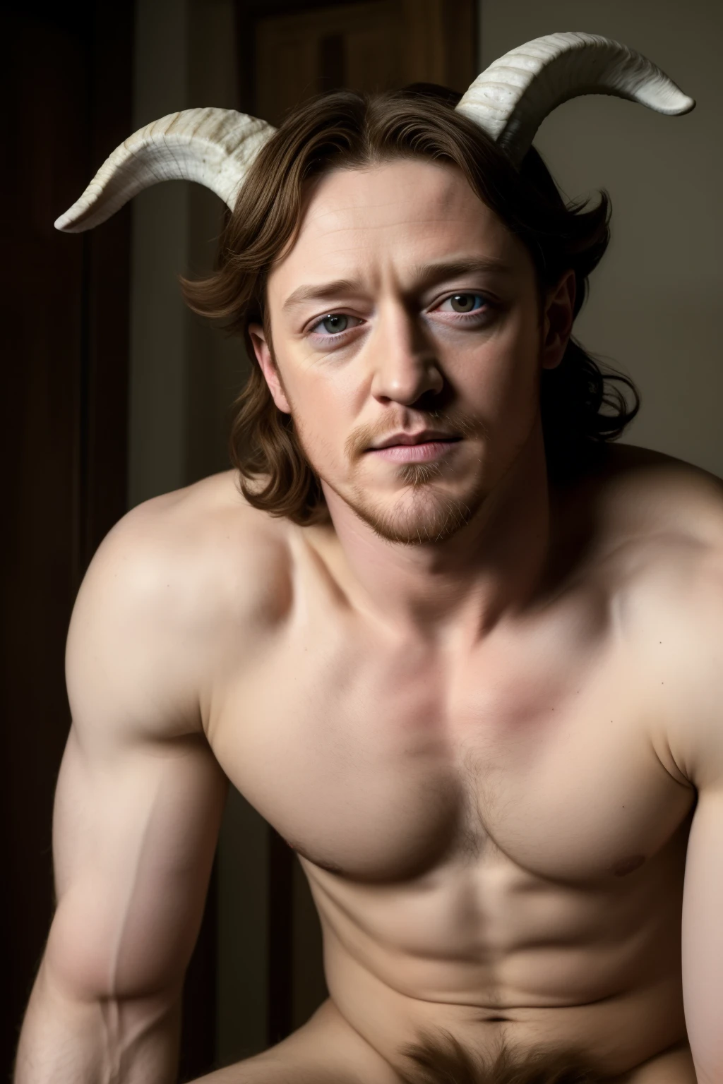 ((best quality)), ((masterpiece)), (detailed), perfect face, young pretty James McAvoy, scraggly long goatee, goat horns, furry goat legs