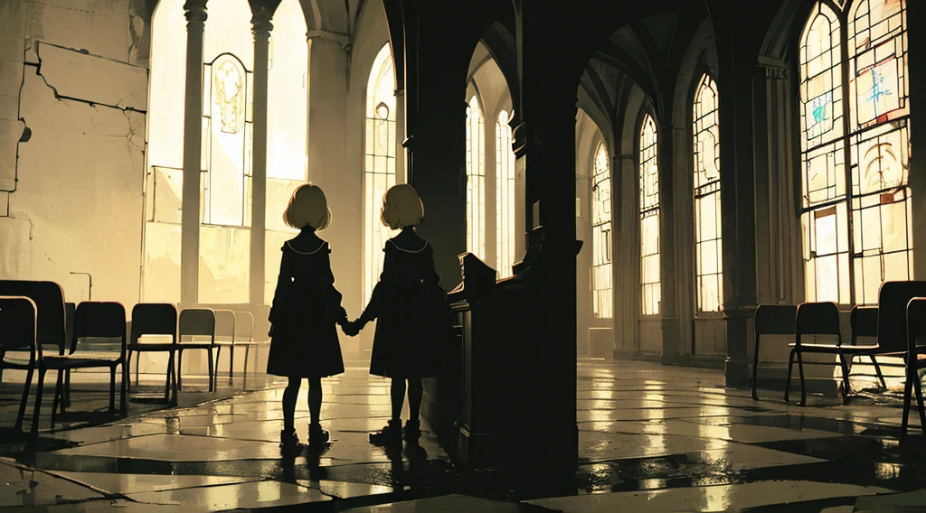 (2 girls, sister, blonde hair, short hair, twins, kawaii, hold hands), (abandoned church, late night), (low contrast, flat color, limited palette)