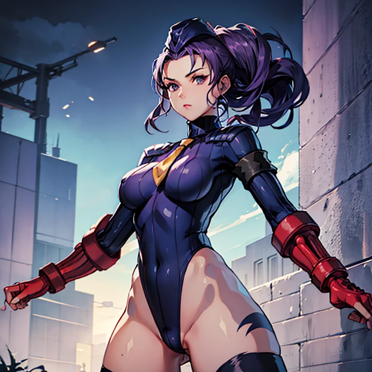 ultra-detailed, Explicit, Beautiful body, Beautiful Nose, Beautiful character design, perfect eyes, perfect face, ultra highres, 4K, beautiful legs, perfect legs, Nice hands, Perfect hand, Masterpiece, Best Quality, Highly detailed, illustration, absurdres, street fighter, doll suit, shadaloo doll, dollsuit, expressionless, blank eyes, looking at viewer, red gloves, emotionless, black latex, corrution, mind control, female combatant, full body, hypnotized, unhappy trance, full body suit, ribbed bodysuit, both arms at side, obey, perfect female body, extremely glossy latex, hypnosis, hypnoLora, empty eyes, Mind control device, poses, submissive_pose, Slave, hat, necktie, stand up straight, standing, standing at attention, hat, necktie, belt, latex, ribbed bodysuit, thighhighs, garter belt, Fighting Stance, extending the right arm from the shoulder into the air with a straightened hand, nazi saluting, military, military saluting, salute, thigh boots, 1girl, Rose, street fighter, purple hair, long hair, purple eyes