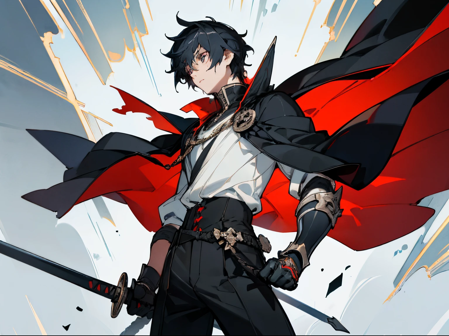 (((Top quality, 8k, masterpiece))) professional photograph, Anime style, young man, male, masculine, protagonist, black sharp, short hair, black pants, black realistic armor, heroic stance, hero style, cascading cape hung from the shoulders, upset facial expression, sheathed sword at the hip, wider face, red mean eyes, dark hills in background