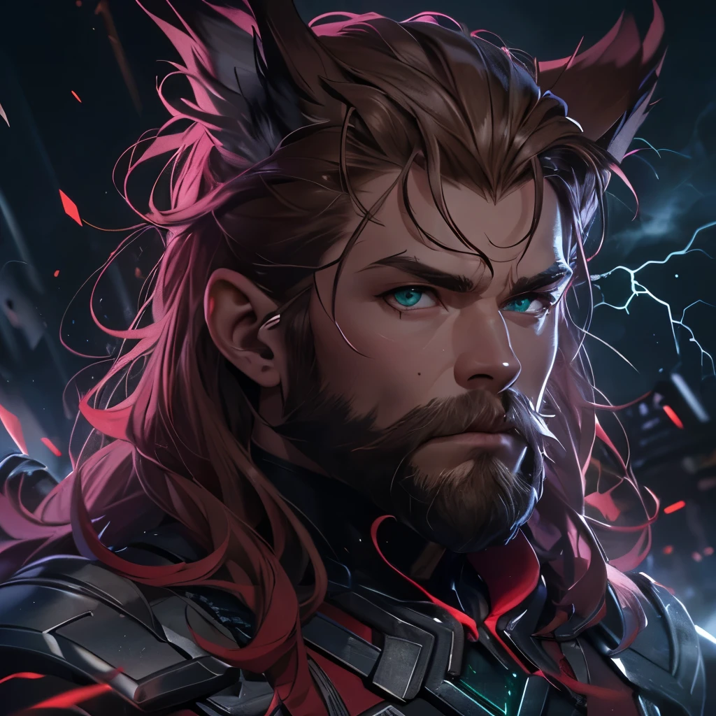 (masterpiece), 8k cg, intricate details, chromatic aberration, ((bust shot)), ((looking at viewer)), 1man (greenn eyes, long red hair, thick beard, Chris Hemsworth, Thor Armor, Lightning), ((Scarlett Fox Ears)), strong face, handsome face, frown, 30 year old, absurdres, cinematic lighting, dynamic lighting, fantasy, ((dark background, fog))