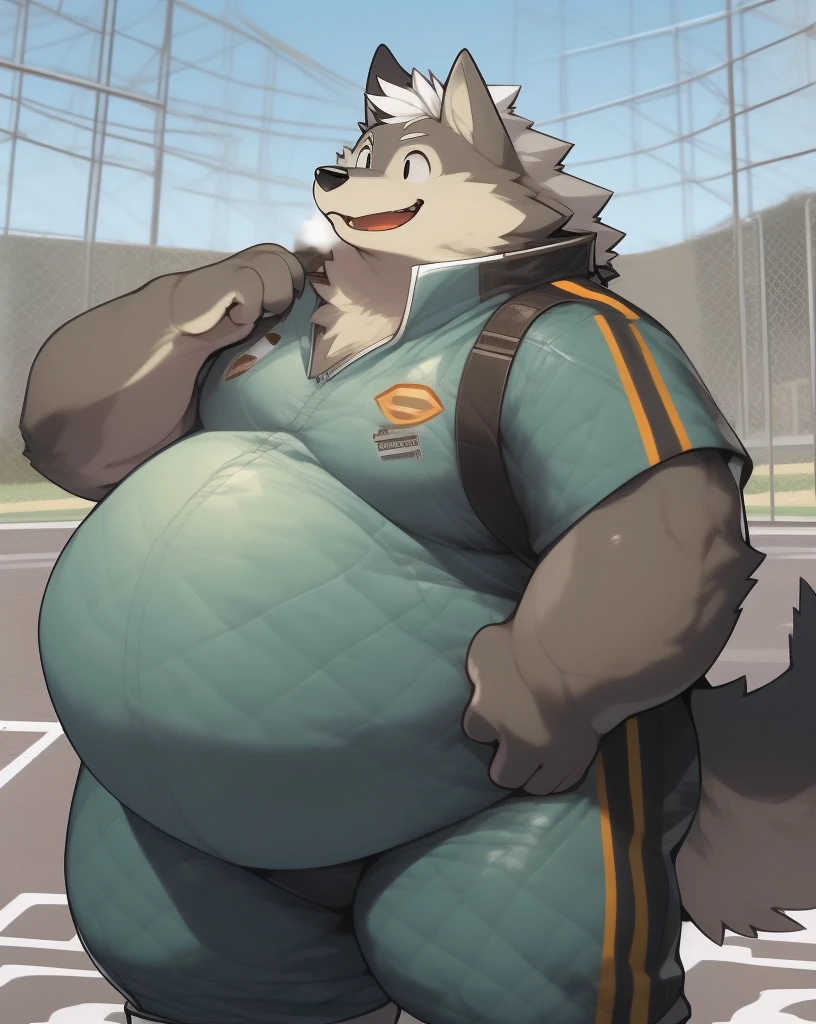 nj5furry, wolf, anthro, male, brown fur, black eyes, round face, hair, white hair, obese, large belly, wearing jumpsuit, confident, smiling, standing, outdoors, racetrack
