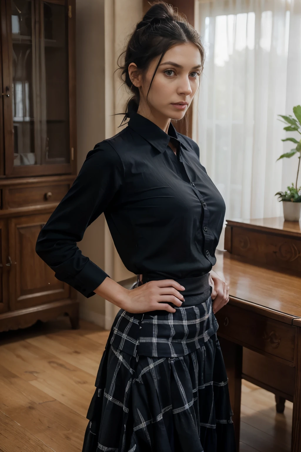 (50 year old woman, anorexic woman) gossip. tall thin woman, ugly face, wrinkled face, thin face, thin face, big thin nose, long curved nose, face with wrinkles, tired and old face, thin waist, thin body, thin thin body (black hair, hair tied in a bun ) (blue eyes) (white and fair skin) thin and tall body, western face, thin lips, small mouth, thin hips, thin thighs (anger, angry expression) full body, thin nose (small breasts, sagging chest), ugly woman ((best quality)), ((ultra resolution)), ((photorealistic: 1.4)), (intricate details)((Location: indoors)) (conservative clothes, long clothes, Christian woman) (black dress shirt, black plaid skirt, long skirt, long skirt, long skirt, long clothes, conservative clothes, long-sleeved shirt) seen from below (clothing style: conservative, long clothes, covering the body)