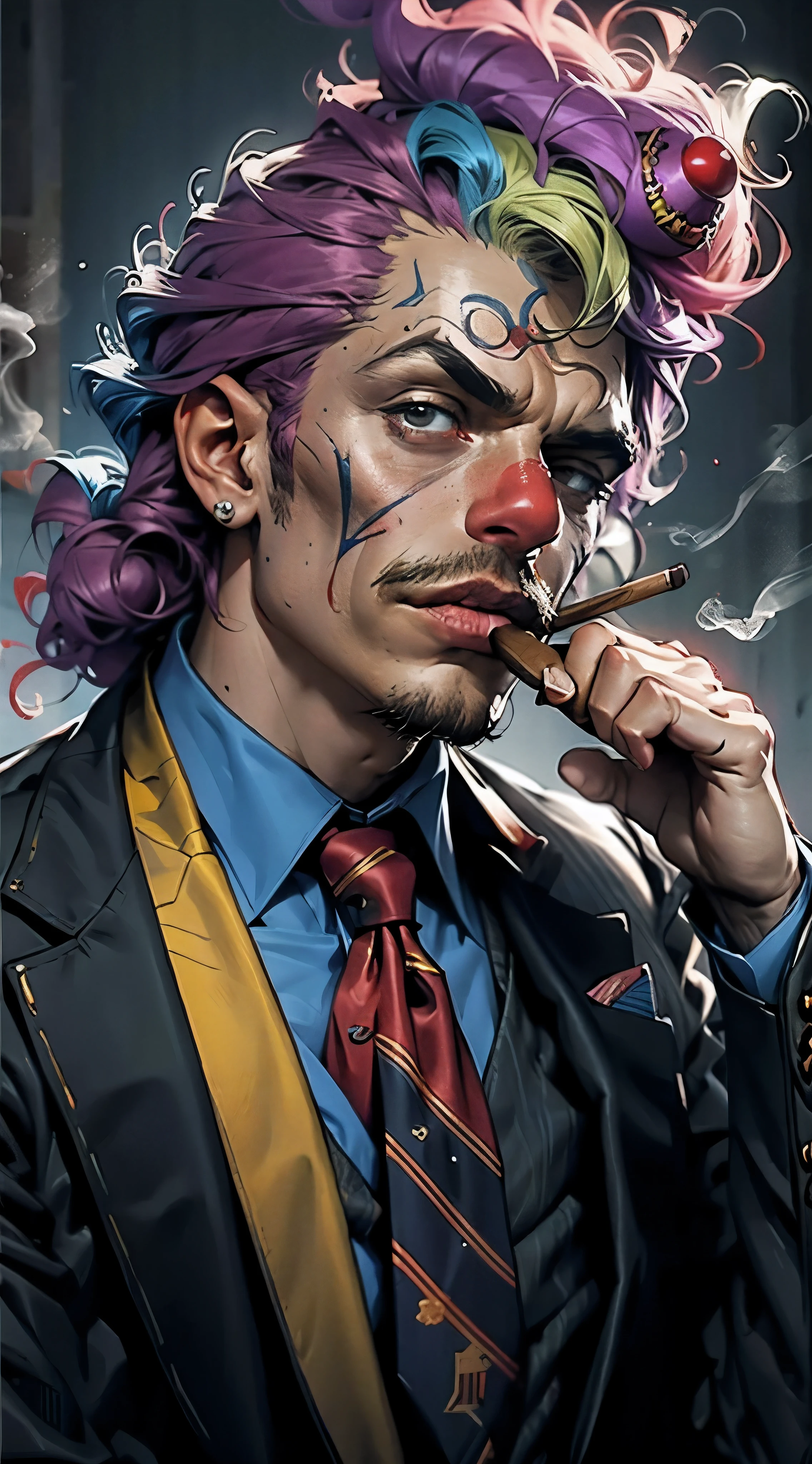 Create a clown smoking a cigar with striking suit and tie features