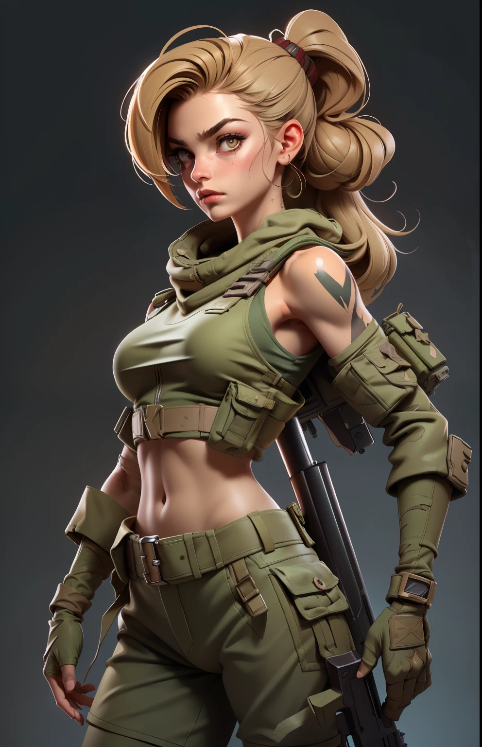 Gorgeous and fearless female soldier, fit body, military croptop, bare shoulders, dark blond hair, tattoo arm, holding big gun, running, jungle background, full detail face,  killing eyes, high detail, realistic, photo quality, high quality,  (photorealistic:1.6), highly detailed, masterpiece, High-quality shadow, jungle