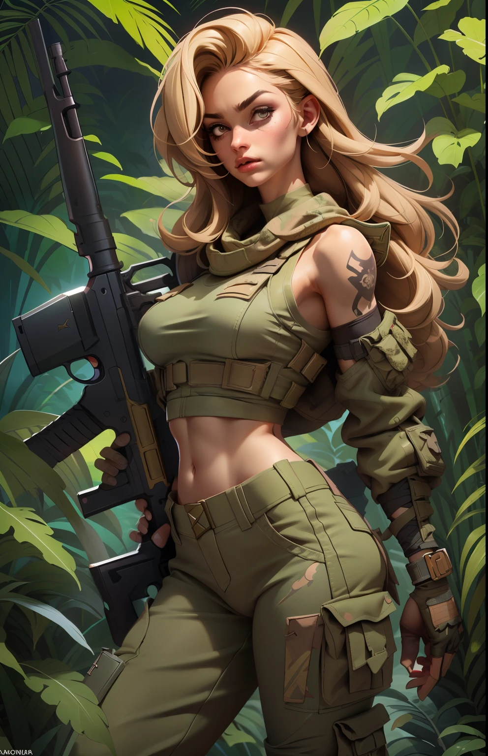 Gorgeous and fearless female soldier, fit body, military croptop, bare shoulders, dark blond hair, tattoo arm, holding big gun, running, jungle background, full detail face,  killing eyes, high detail, realistic, photo quality, high quality,  (photorealistic:1.6), highly detailed, masterpiece, High-quality shadow, jungle