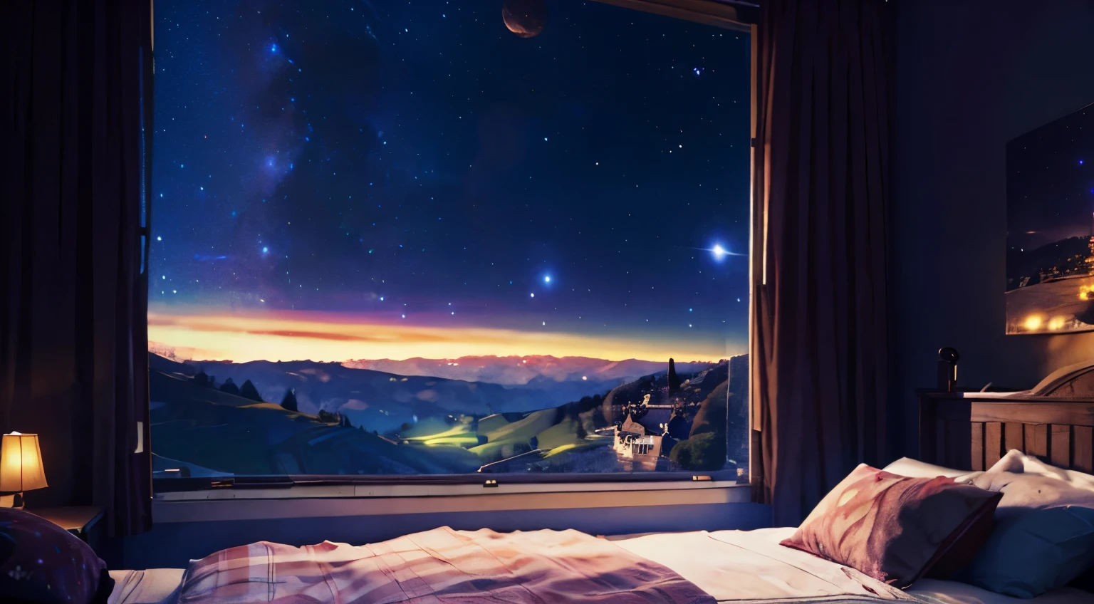 a girl sleeping in her room, with windows, in a quiet village nestled amidst rolling hills. Dark Night. full of star. inside her room. the image in 16:9 size