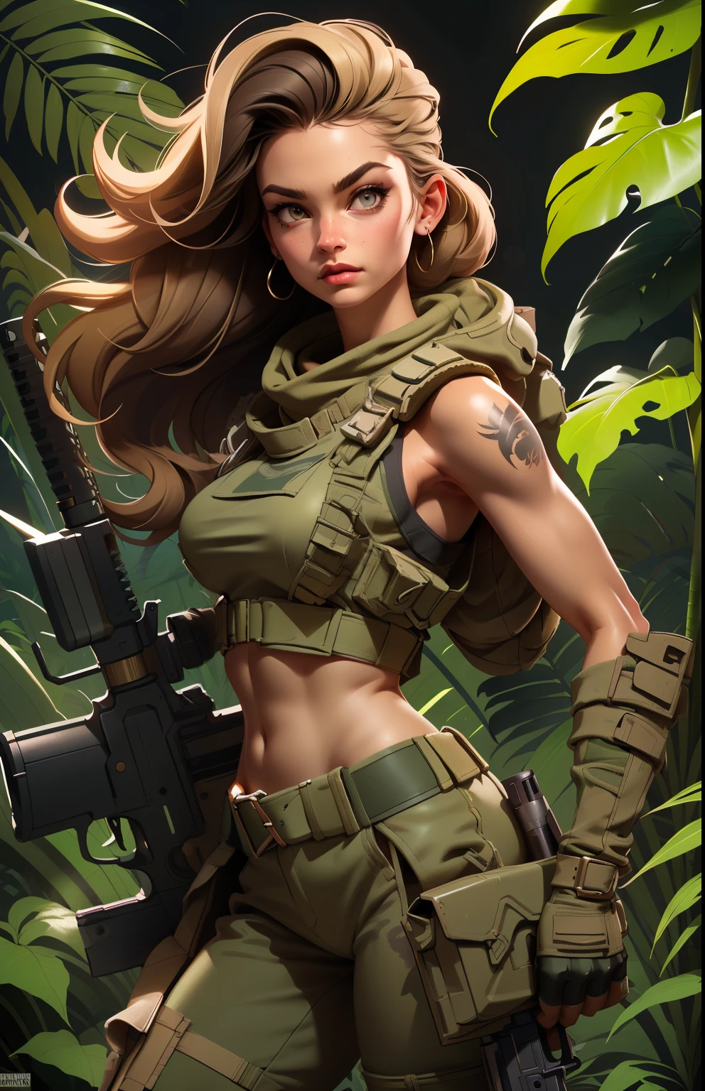 Gorgeous and fearless female soldier, fit body, military croptop, bare shoulders, dark blond hair, tattoo arm, holding big gun, running, jungle background, full detail face, killing eyes, high detail, realistic, photo quality, high quality, (photorealistic:1.6), highly detailed, masterpiece, High-quality shadow, jungle
