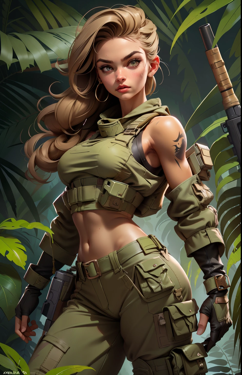 Gorgeous and fearless female soldier, fit body, military croptop, bare shoulders, dark blond hair, tattoo arm, holding big gun, running, jungle background, full detail face,  killing eyes, high detail, realistic, photo quality, high quality,  (photorealistic:1.6), highly detailed, masterpiece, High-quality shadow, jungle