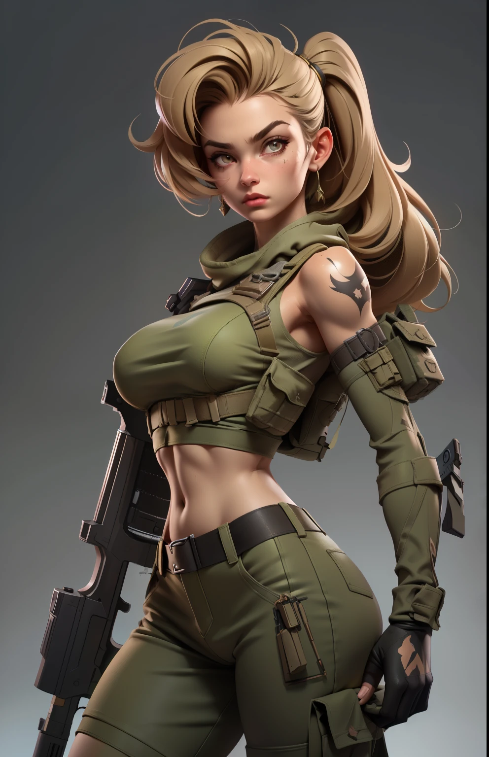 Gorgeous and fearless female soldier, fit body, military croptop, bare shoulders, dark blond hair, tattoo arm, holding big gun, running in jungle, full detail face, killing eyes, high detail, realistic, photo quality, high quality, (photorealistic:1.4), highly detailed, masterpiece, High-quality shadow,