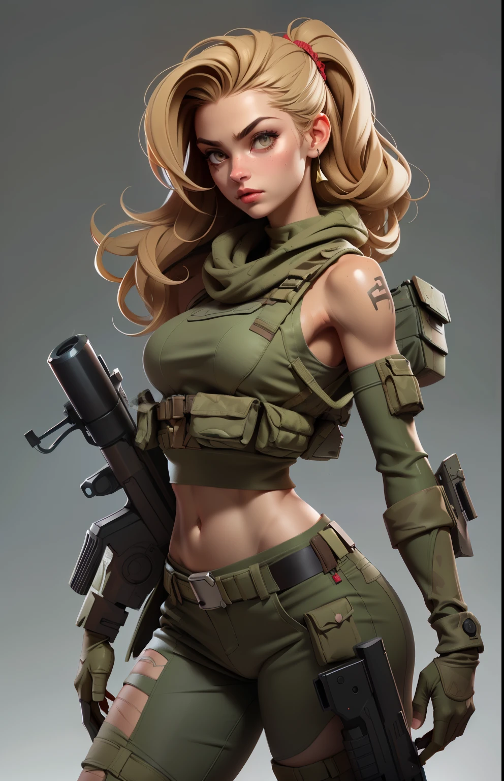Gorgeous and fearless female soldier, fit body, military croptop, bare shoulders, dark blond hair, tattoo arm, holding big gun, running in jungle, full detail face,  killing eyes, high detail, realistic, photo quality, high quality,  (photorealistic:1.4), highly detailed, masterpiece, High-quality shadow,
